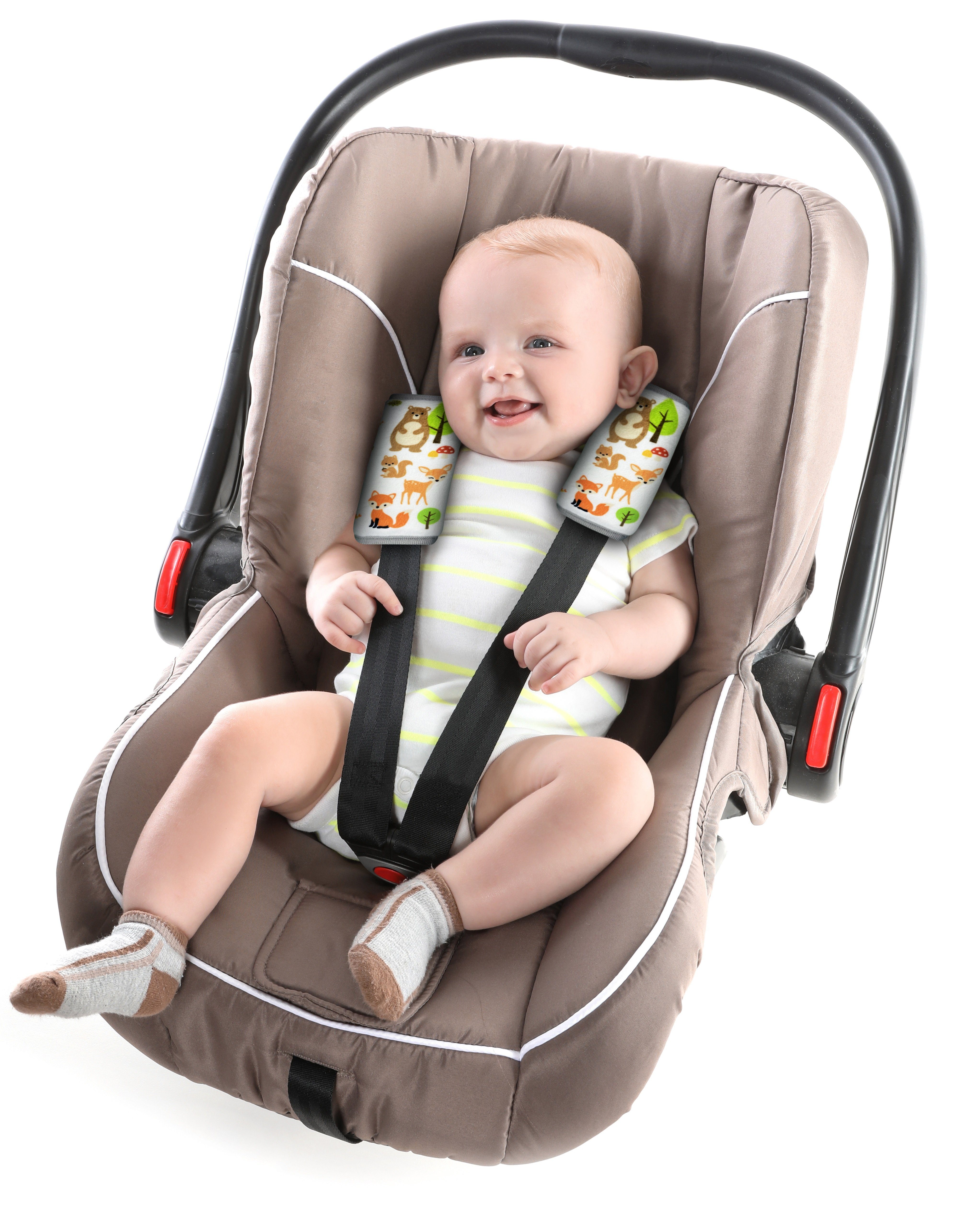HECKBO 2x Hals, Gurtpolster Gurtschutz für Baby Auto Trageschale Schlafkissen Kinderwagen Waldtiere