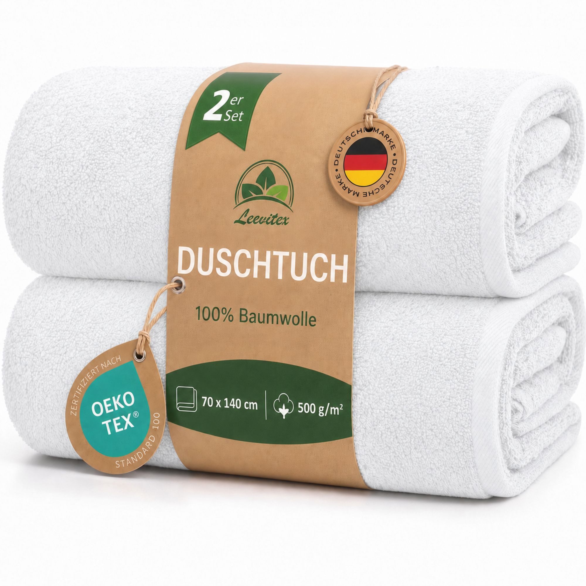 leevitex® Duschtücher 2er-Set, 70x140 cm, 100% Baumwolle, saugstark und fusselfrei, Frottee (Set, 2-St), OEKO-TEX® STANDARD 100 zertifiziert, gestreifte Bordüre