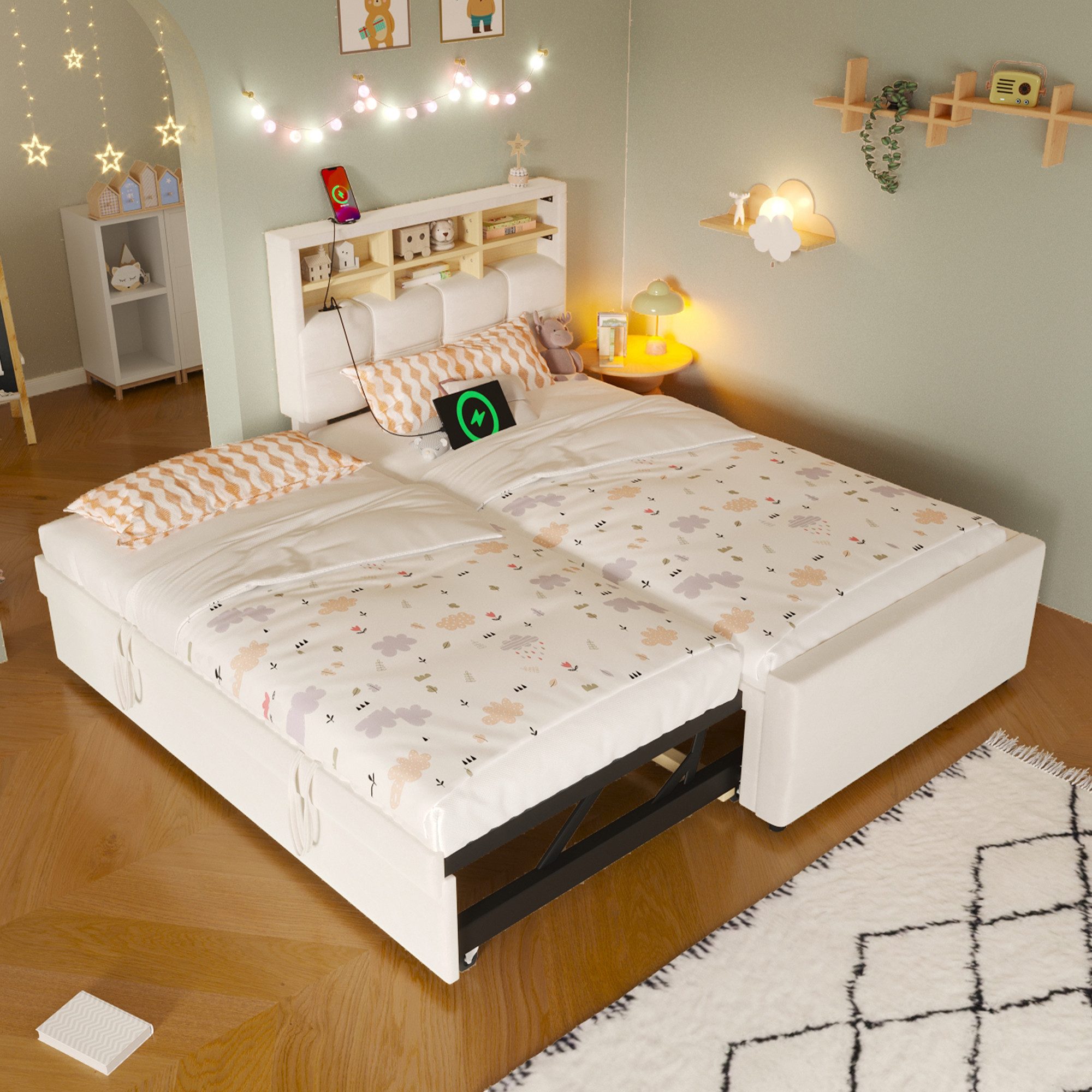 Flieks Polsterbett, Kinderbett Daybett 90/180x200cm mit Ausziehbett und Ladefunktion