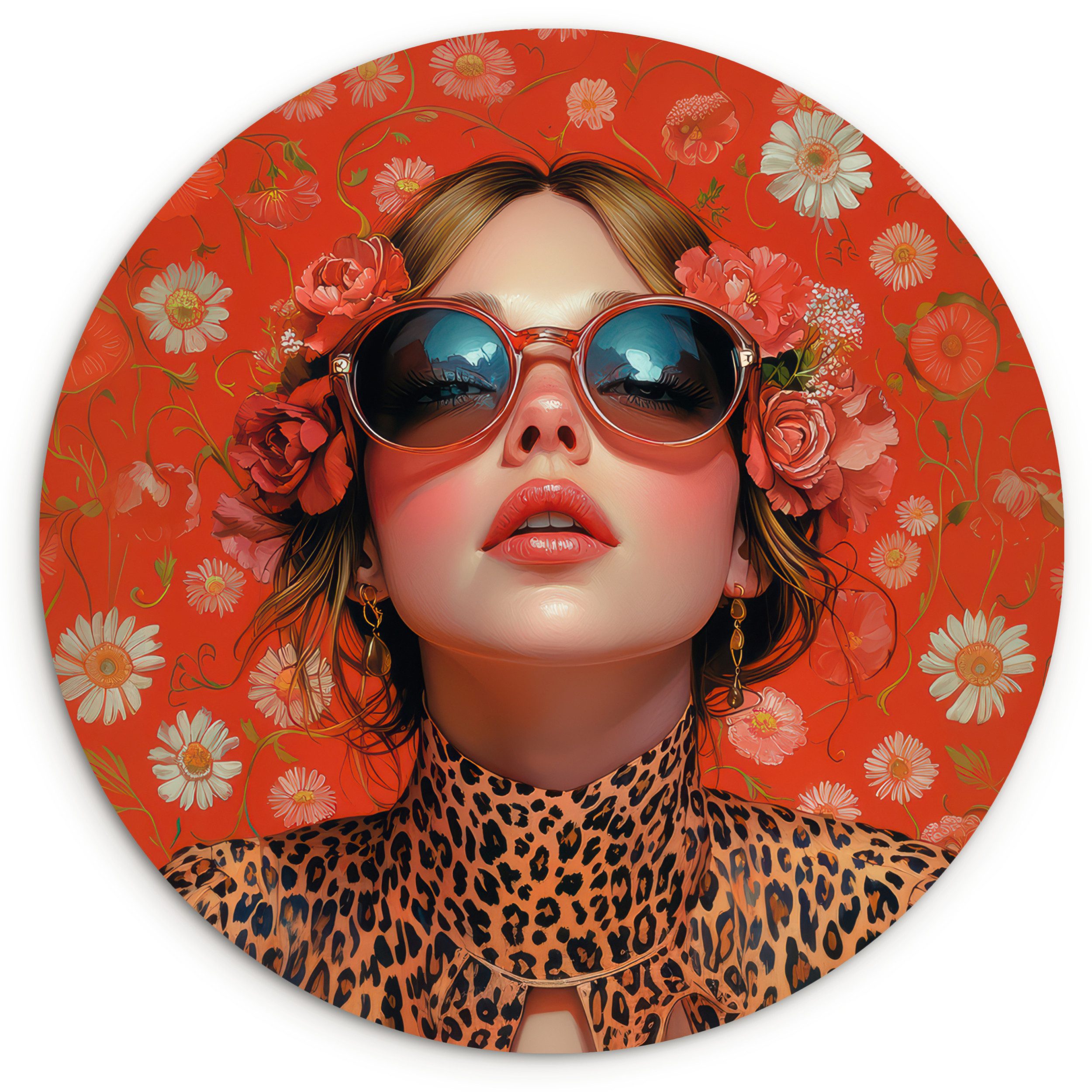 MuchoWow Gemälde Frau - Bunt - Tiermuster - Blumen, Fotodruck (1 St), Kreis Wanddekoration, Rundes Wandbild, 30x30 cm