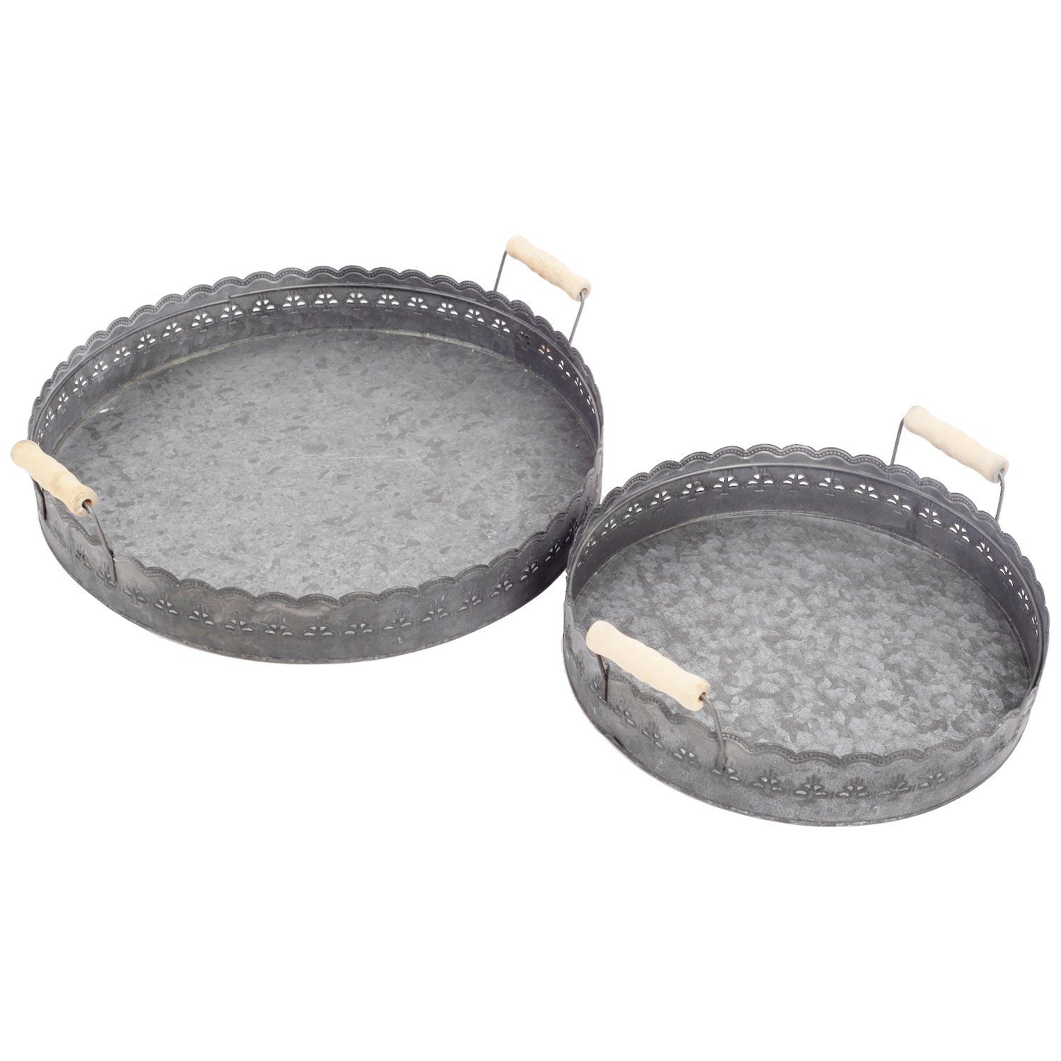 Macosa Home Dekotablett 2er Set Blech Grau rund Landhaus Tablett Metalltablett (2er Set, 2 St., 2 Stück verschiedene Größen), 30 cm & 40 cm mit Griff Blechtablett Tablett Metalltablett