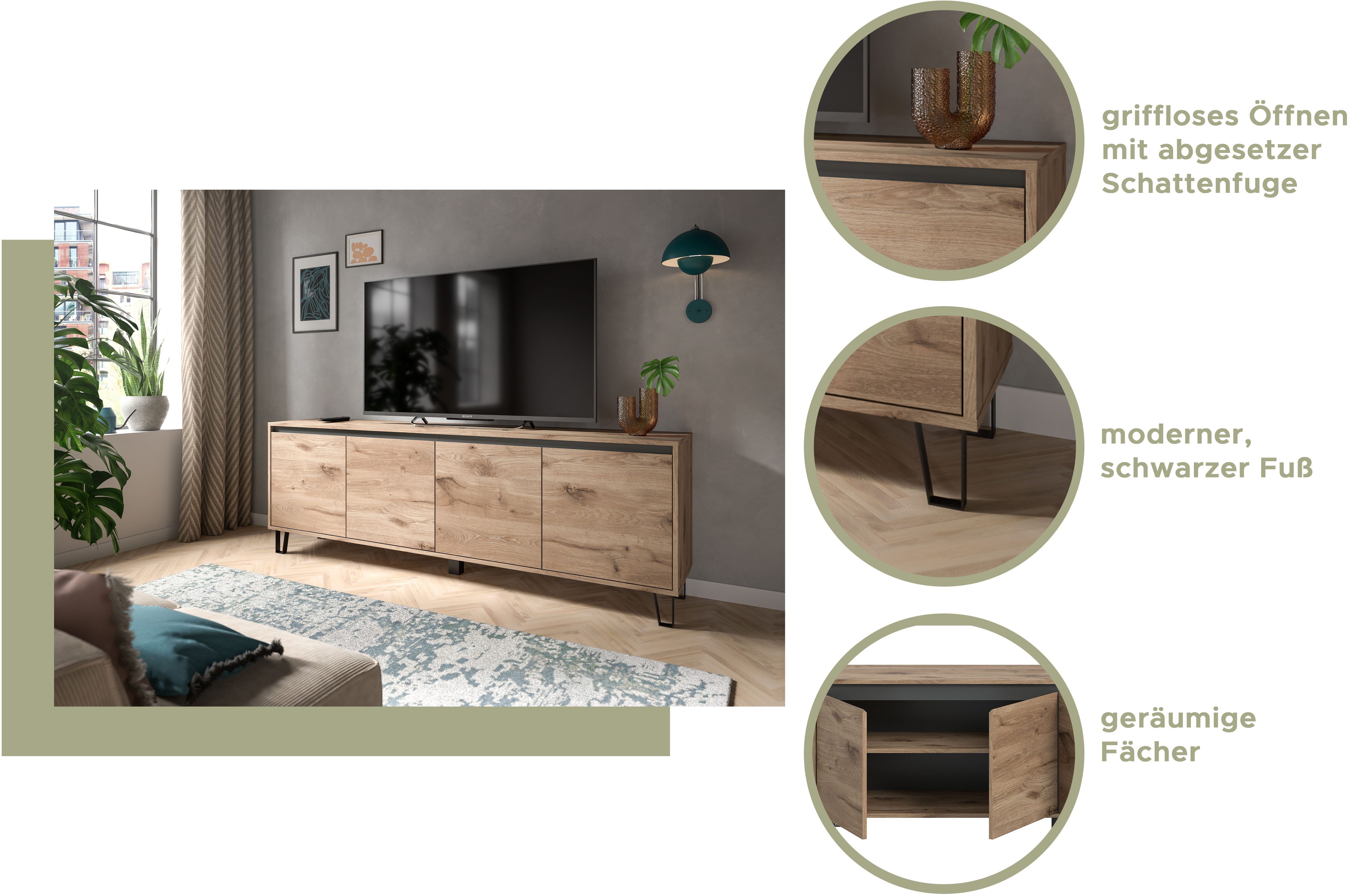 Home affaire Lowboard BALTIC, Breite 184cm, grifflose Fronten, Metall-Füße,4 Türen, 4 Fächer, TV-Möbel, TV-Schrank, TV-Lowboard, Mediaboard