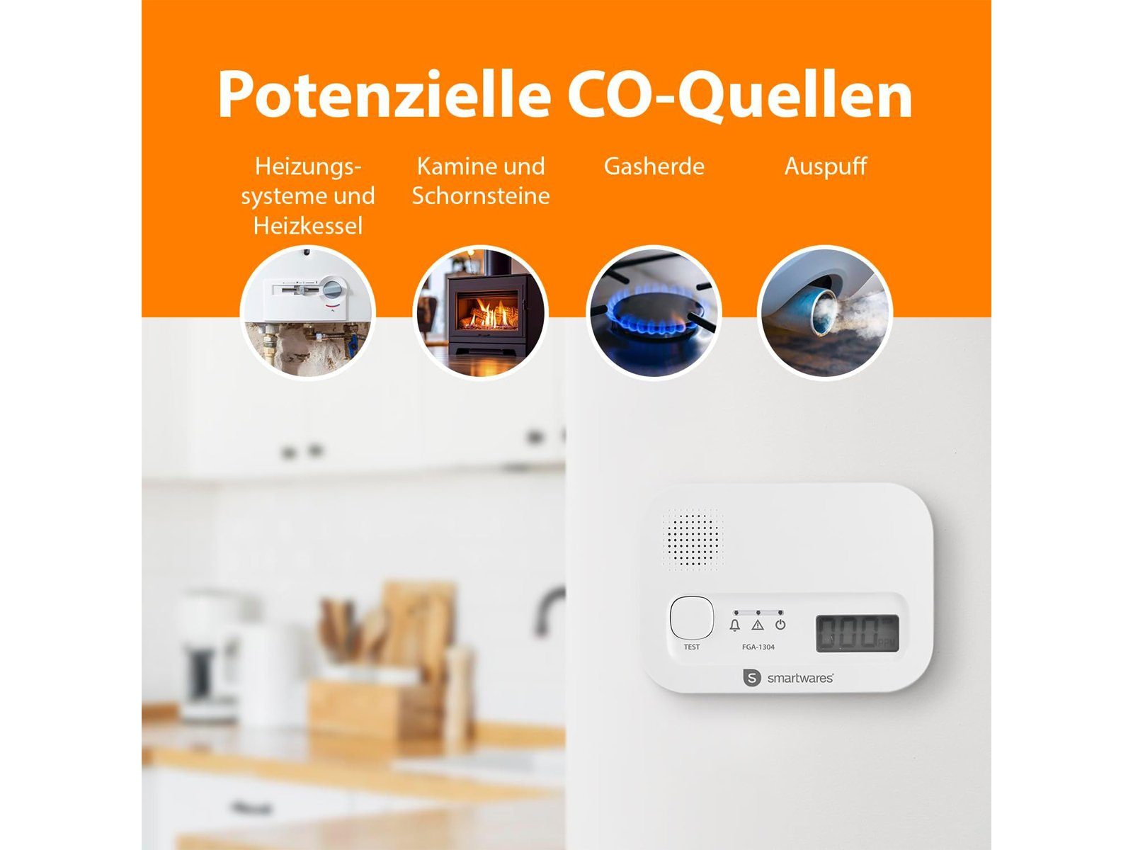 smartwares Rauchmelder (und Kohlenmonoxid-Melder Set, mit Batterie, Magnet-und Klebe-Halter)