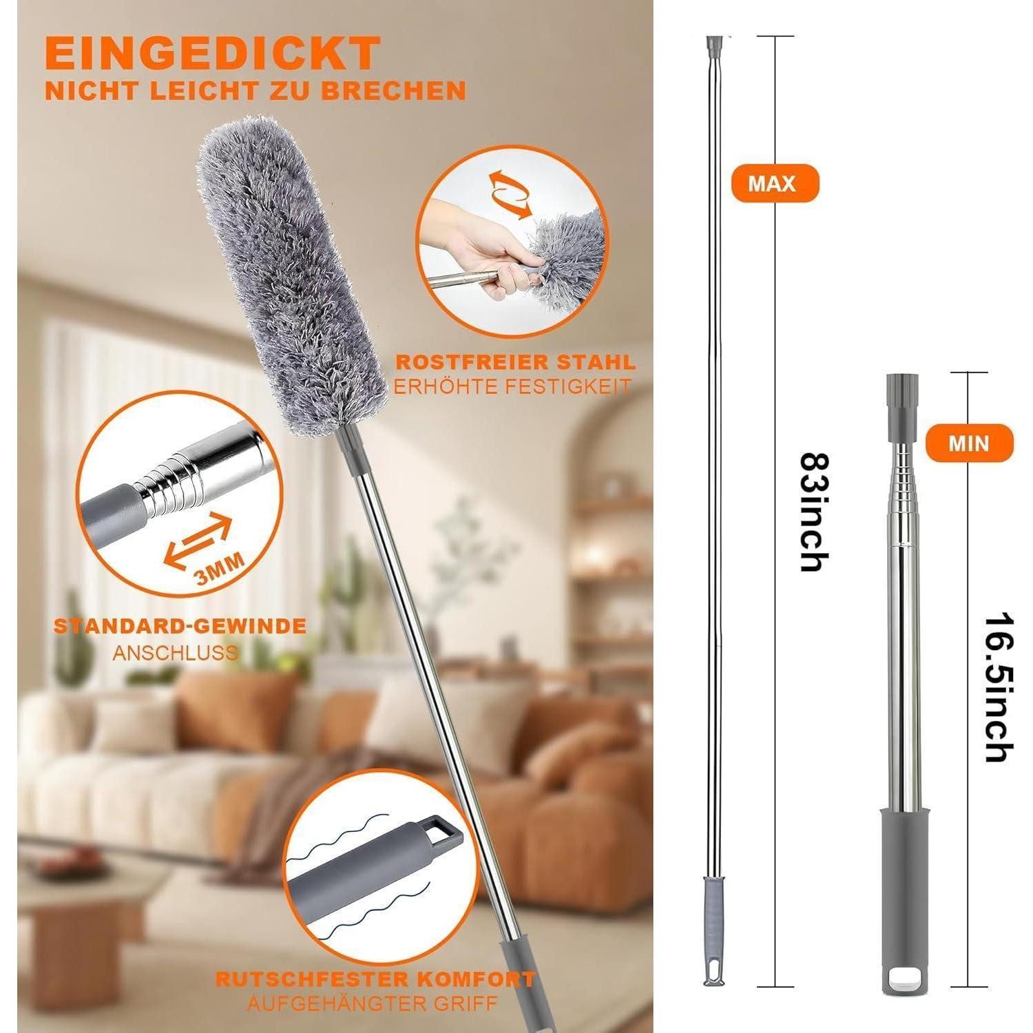 LuxusKollektion Staubwedel Staubwedel Teleskop lang 9tlg Set bis 2,54m ausziehbar waschbar Magnet (1-St) – Bild 2 von 5