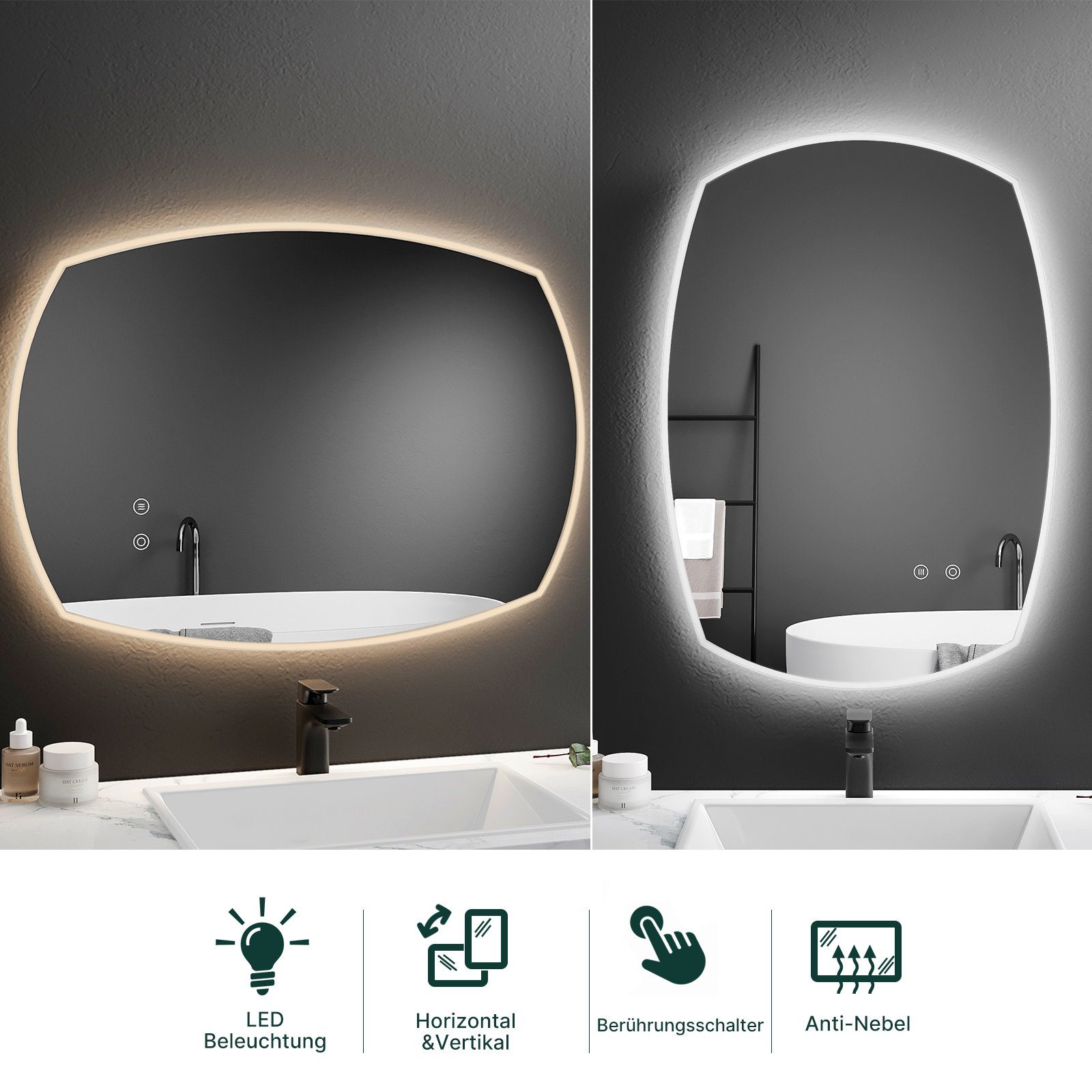 Meerveil Badspiegel Badezimmerspiegel, Schalter, LED Touch Antibeschlage,50x70cm Beleuchtung, mit Wandspiegel