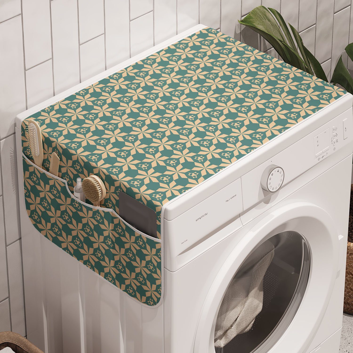 Abakuhaus Badorganizer Anti-Rutsch-Stoffabdeckung für Waschmaschine und Trockner, Damast Floral Triangular Mosaik-Kunst