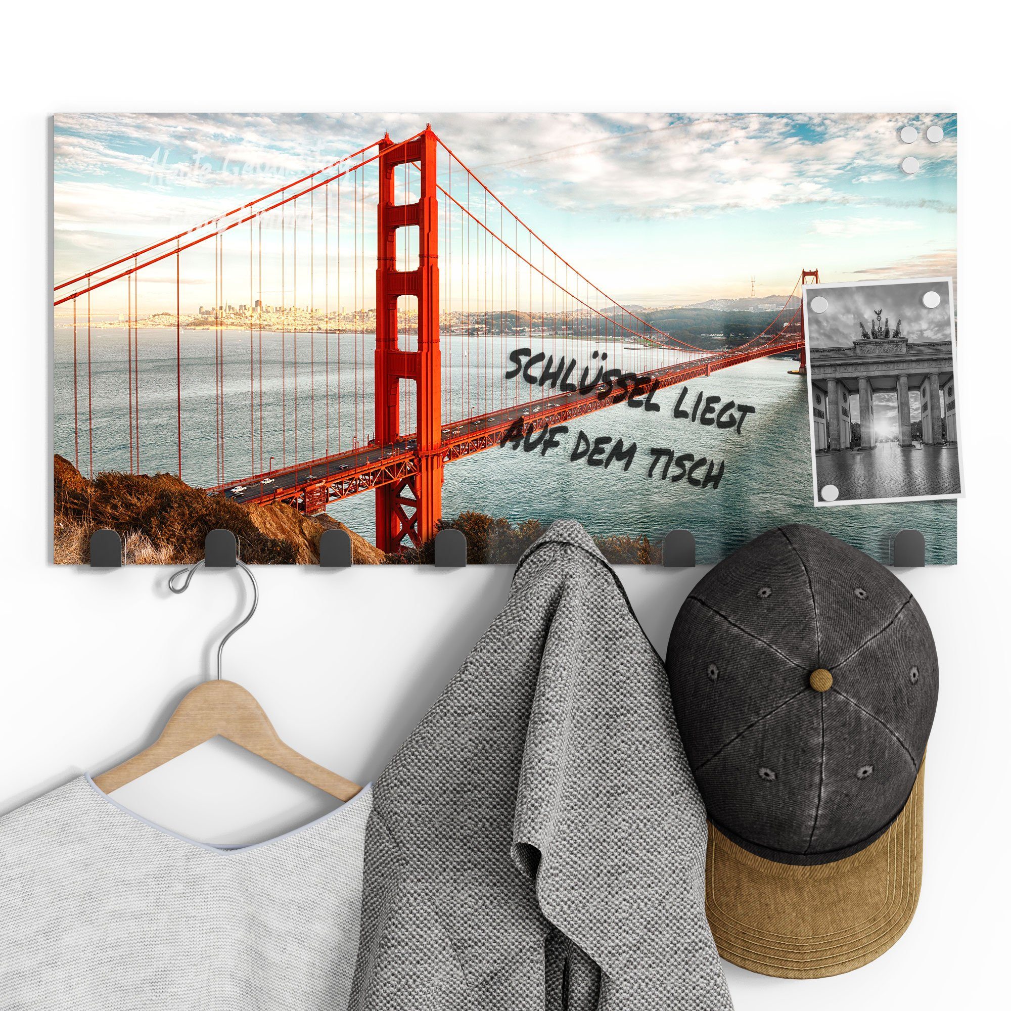 DEQORI Kleiderhaken 'Golden Gate Bridge', magnetisch Paneel Glas beschreibbar Garderobe