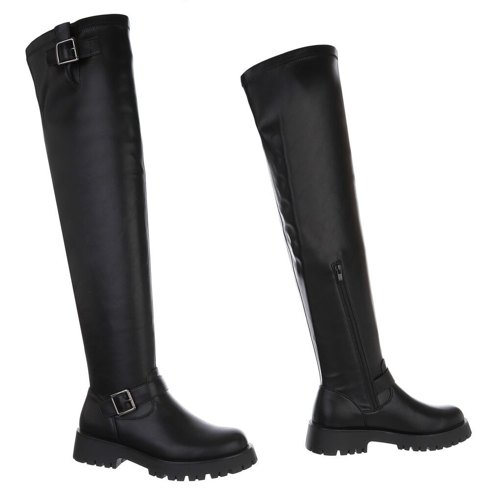 Ital-Design Kniehohe Damenstiefel mit Schnalle für Alltag und Freizeit Plateaustiefel (90153114) Blockabsatz Overknees in Schwarz