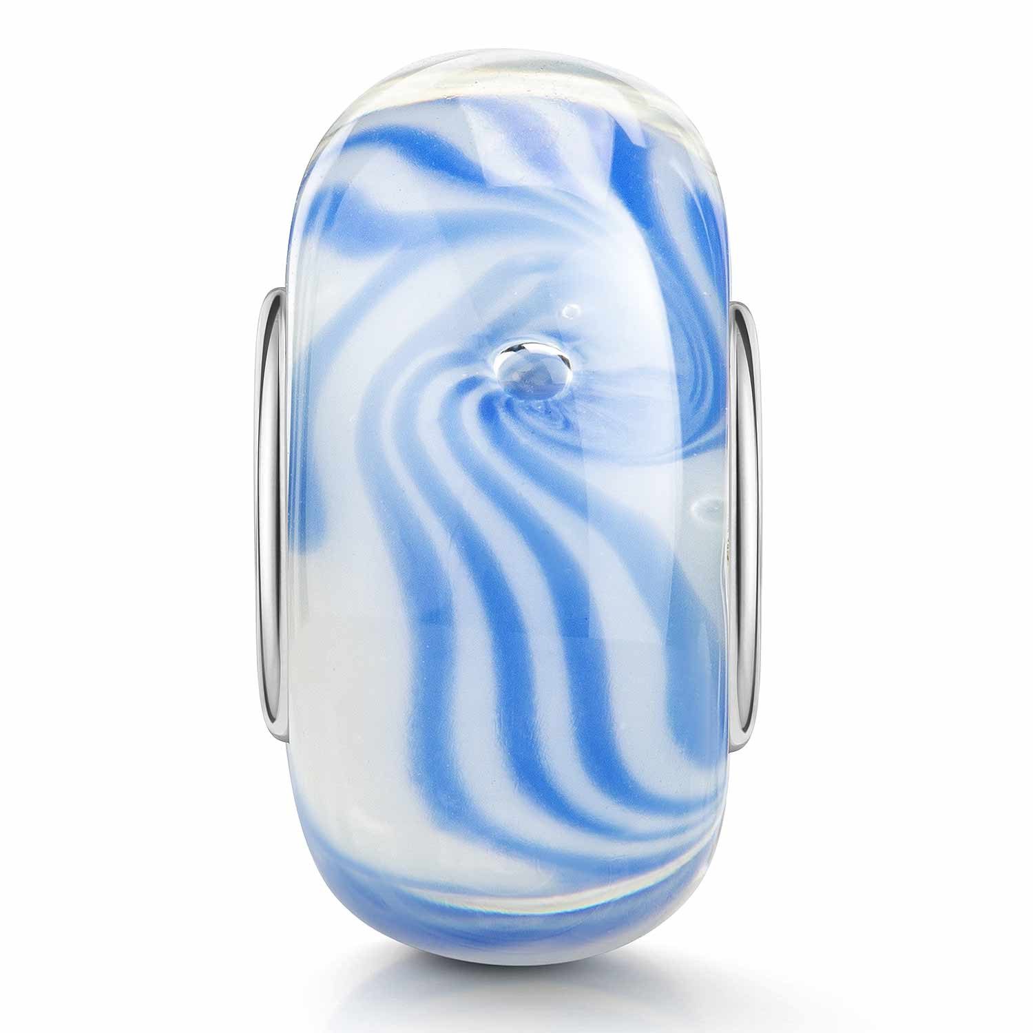 Materia Bead Glasbead mit blau-weißem Wellendesign 350, 925 Sterling Silber