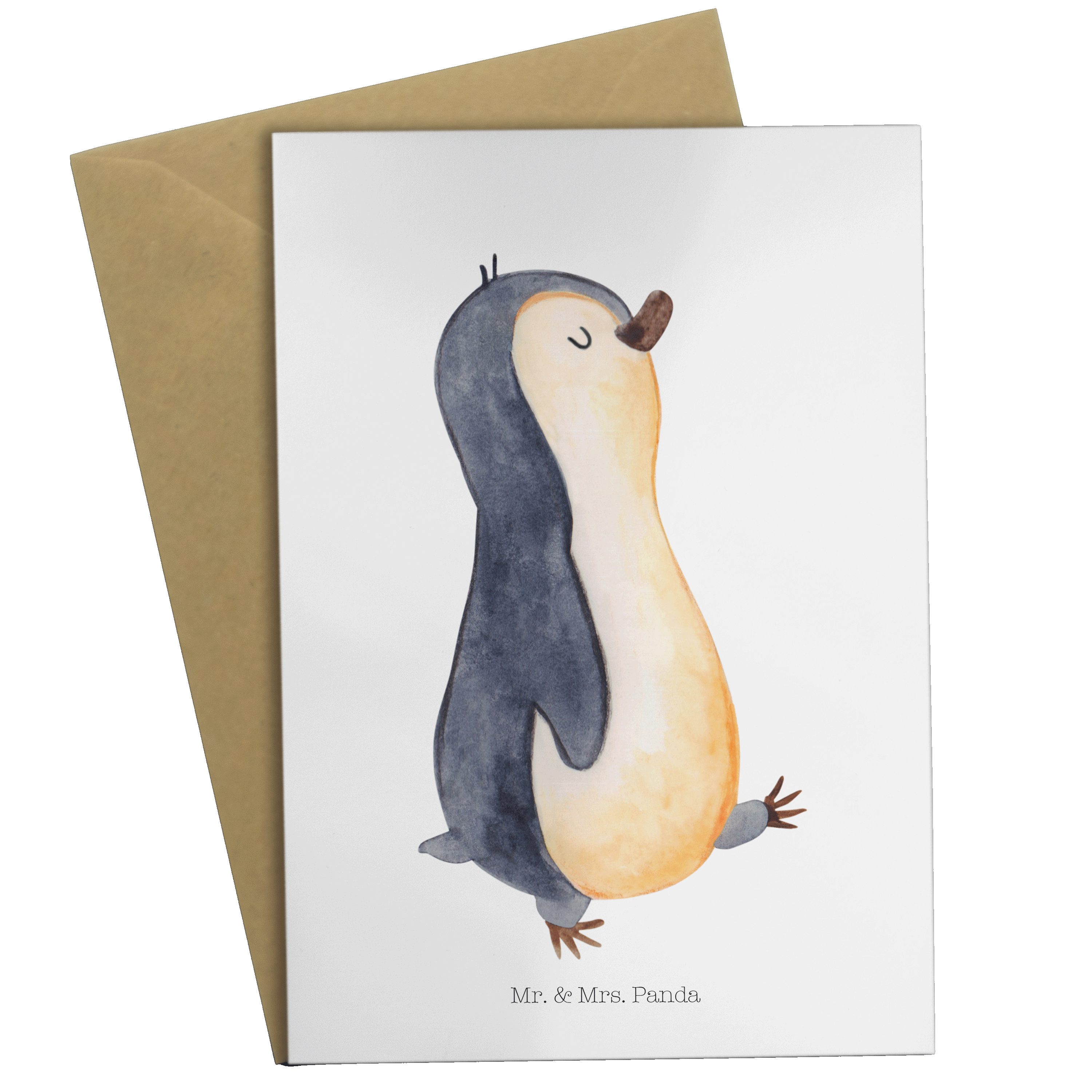 Mr. & Mrs. Panda Grußkarte Pinguin marschierend - Weiß - Geschenk, Klappkarte, Karte, zufrieden