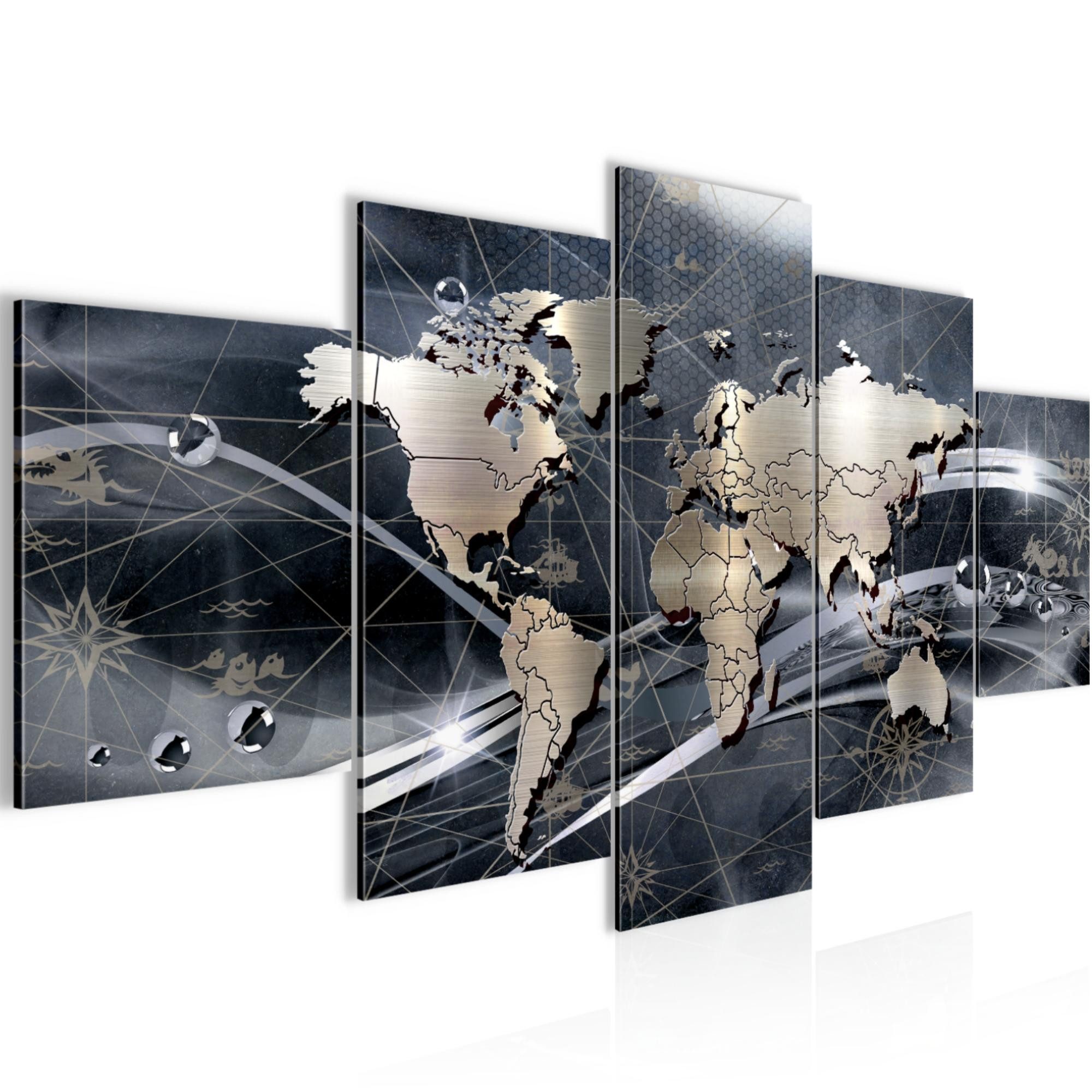 Runa Art Wandbild Bilder Weltkarte 5 Teilig Wanddekoration Design Grau 106851c, 200L x 100B cm