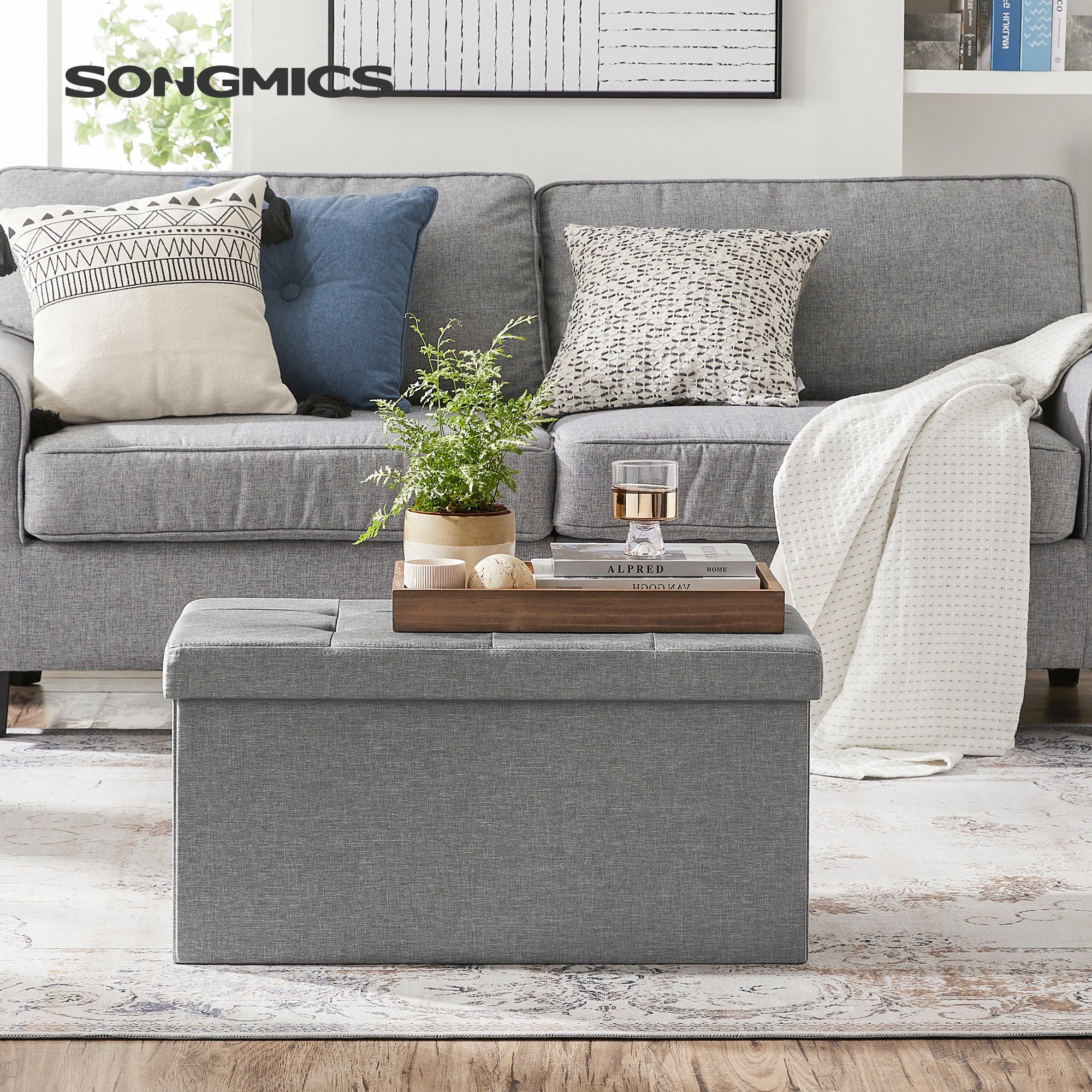 SONGMICS Sitzbank Sitzhocker mit Stauraum, klappbare, für Wohnzimmer Schlafzimmer Flur, 38 x 76 x 38 cm Fußbank, Aufbewahrungsbox, bis 300 kg belastbar