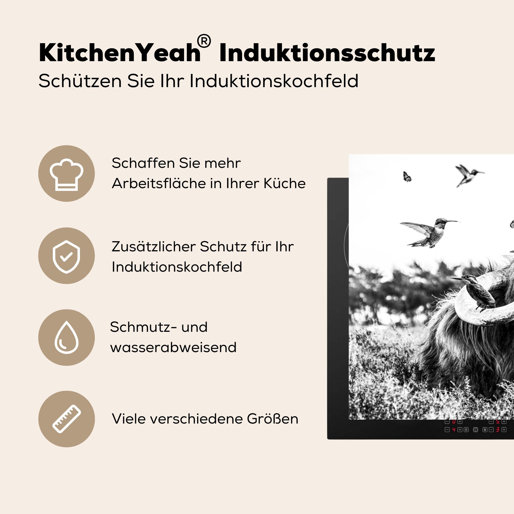 MuchoWow Herdblende-/Abdeckplatte Highlander Vogel die für Induktionskochfeld tlg), 81x52 küche, - Schwarz Schottischer cm, Vinyl, - - Weiß, Ceranfeldabdeckung Schutz (1