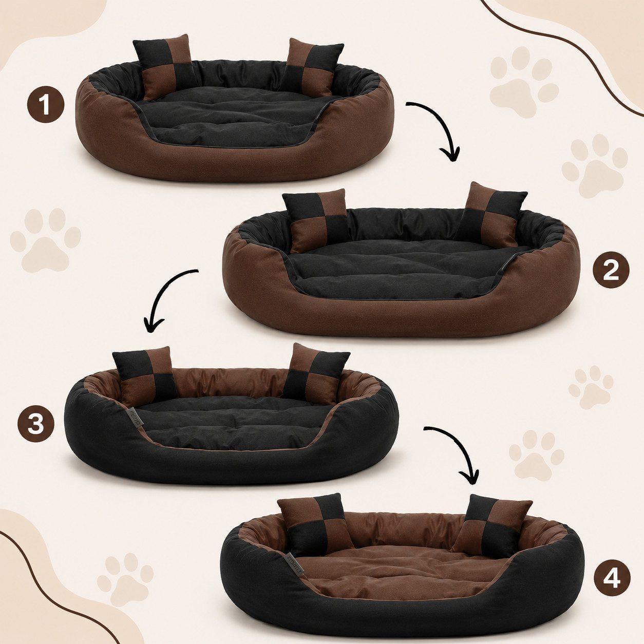 belviona Tierkissen, Hundekörbchen wasserabweisend, 65x50 cm, schwarz/braun, Oxford, Hundebett mit Wendekissen, tiefer Einstieg & 2 Spielkissen