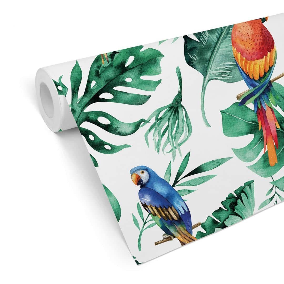K&L Wall Art Mustertapete Schlafzimmer Papageien im Dschungel bunte Vliestapete Regenwald Vögel, Papageien Tapete