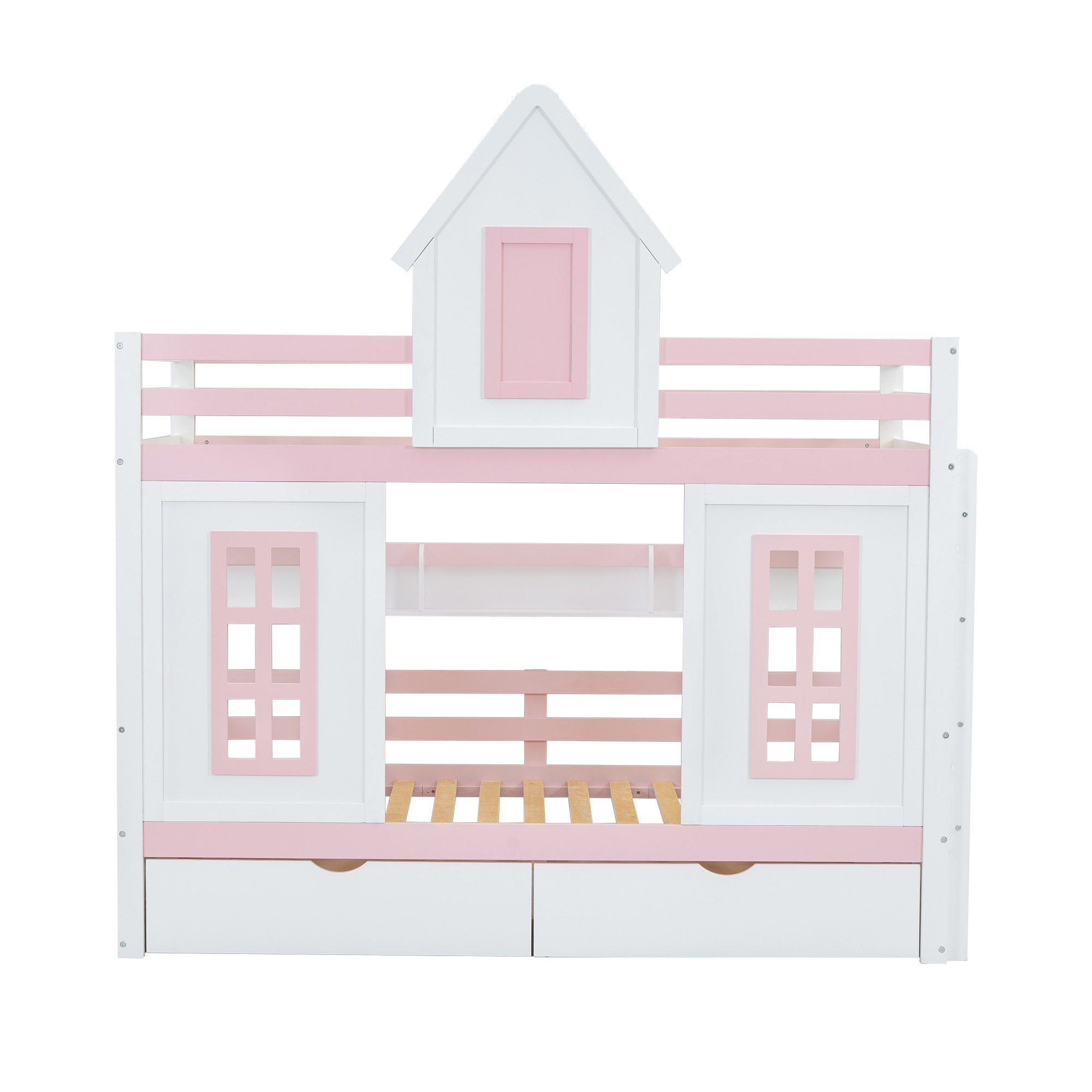 OKWISH Etagenbett Holzbett Kinderbett Hausbett Stauraumbett (mit Dach und Fenster, mit Fallschutzgitter, stabiles Geländer, Zwei Schubladen mit Rollen, Offenes Regal, Reichlich Stauraum, Kiefer+MDF 90x200 cm), ohne Matratze