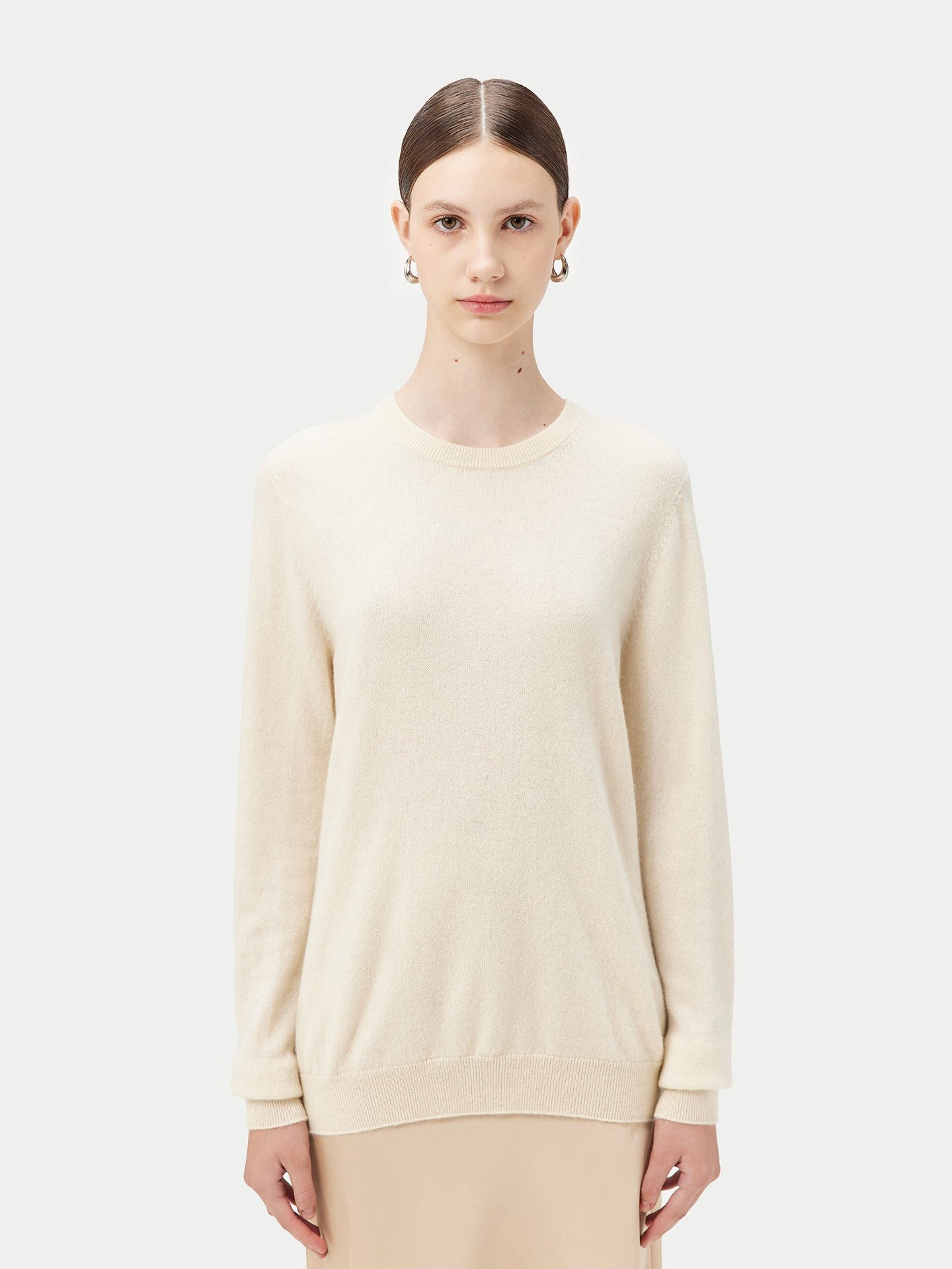 GOBI Cashmere Rundhalspullover Naturfarbe Basic R-Ausschnitt Kaschmirpullover