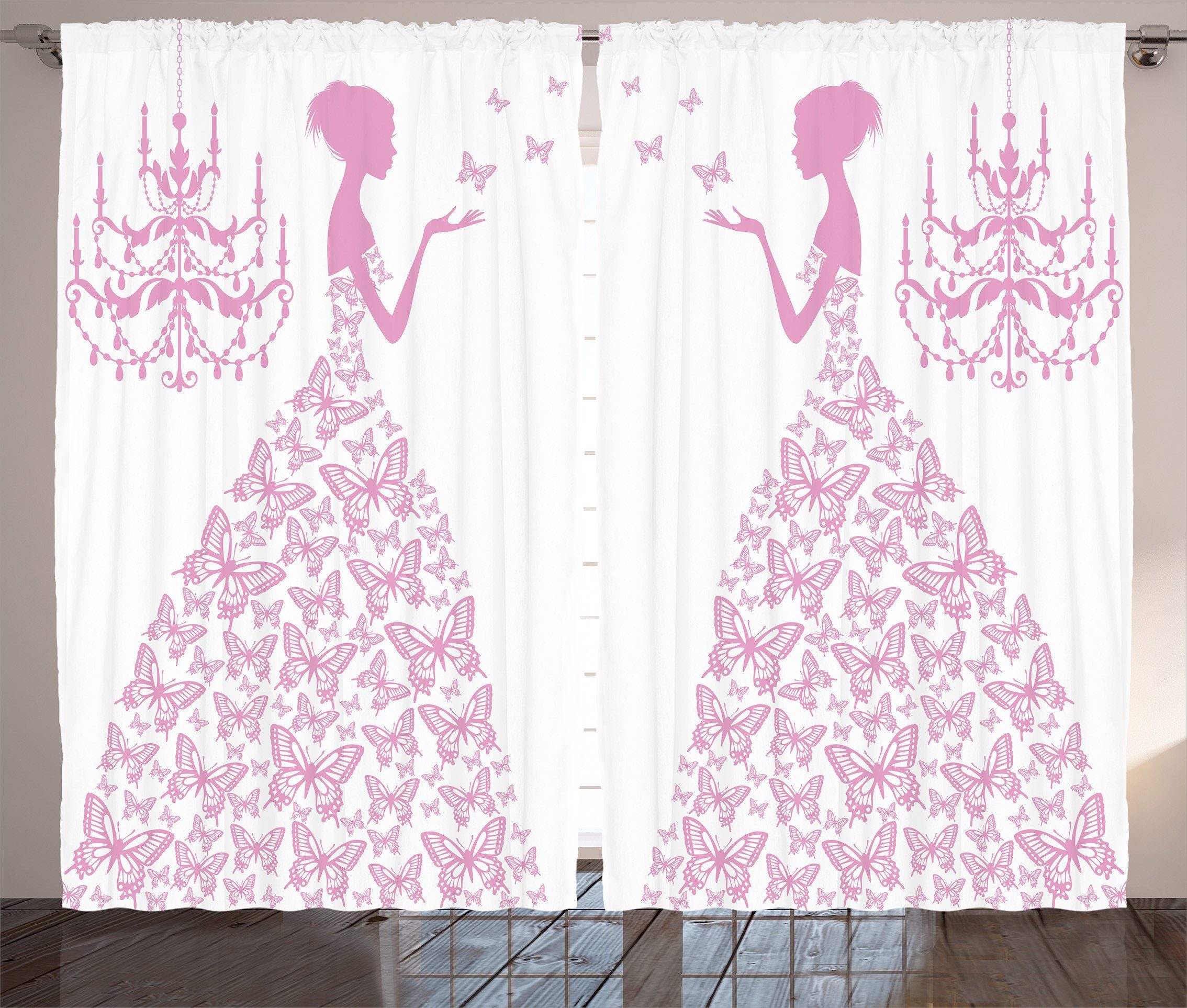 Gardine Schlafzimmer Kräuselband Vorhang mit Schlaufen und Haken, Abakuhaus, Liebe Prinzessin mit Schmetterlingen Kleid