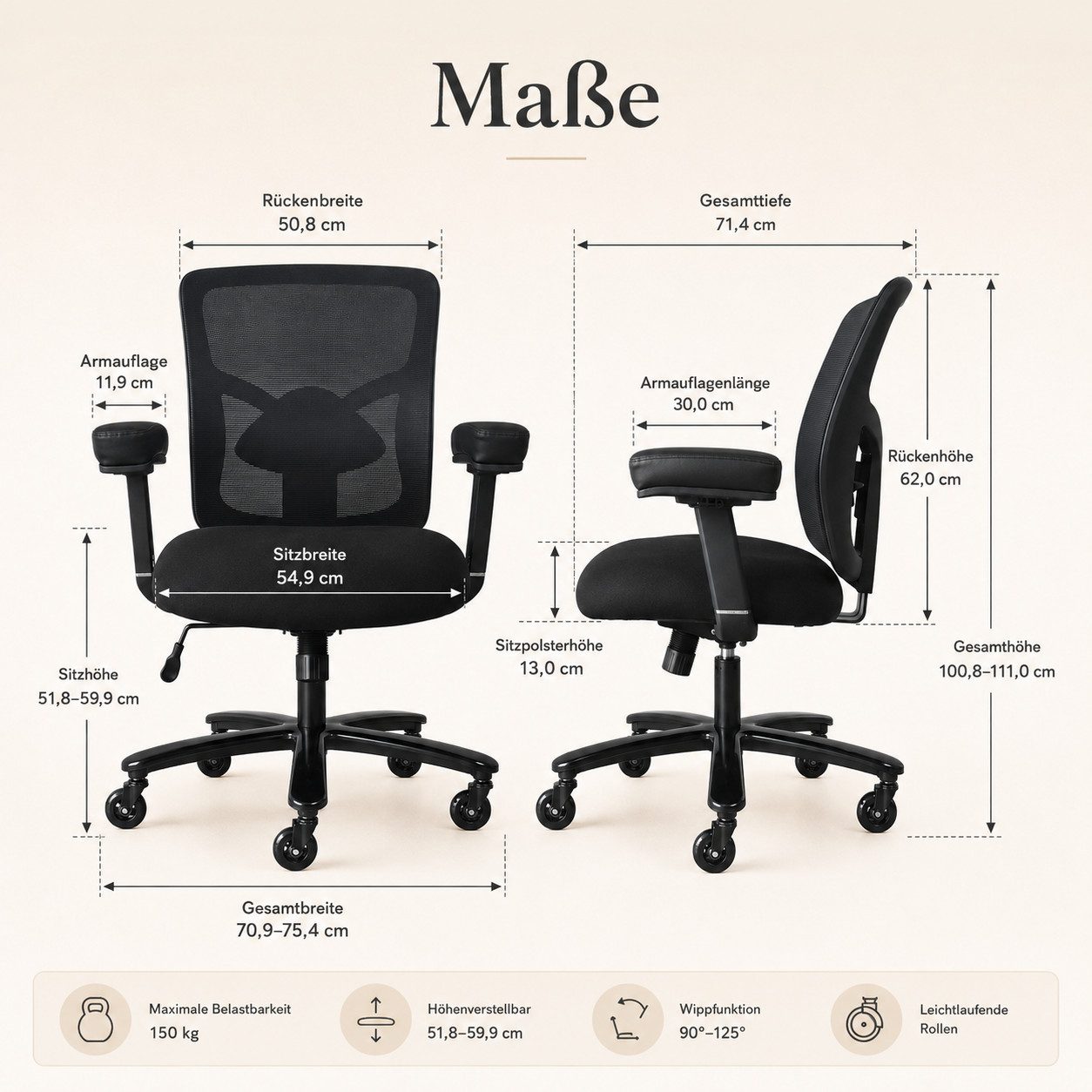 Leawin Bürostuhl Bürostuhl ergonomisch 200kg Belastbarkeit Schwerlaststuhl, XXL Bürostuhl ergonomisch, stabil & verstellbar für Büro