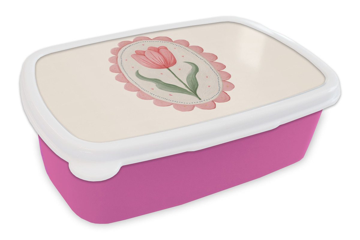 MuchoWow Lunchbox Tulpe - Rahmen - Oval - Illustration, Kunststoff, (2-tlg), Brotdosen, Lunch Box, Brotbox für Kinder und Erwachsene