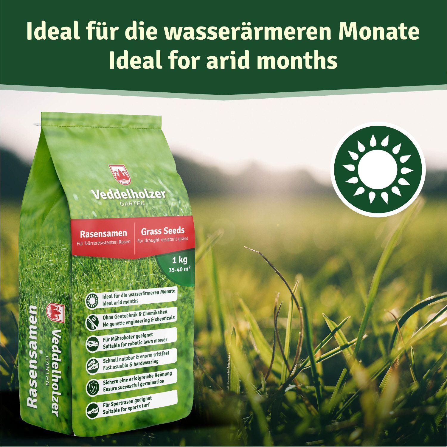 Veddelholzer Rasensamen Grassamen schnellkeimend dürreresistent Trockenrasen & Schattenrasen, Saatgut für Sport und Spielrasen Rasen