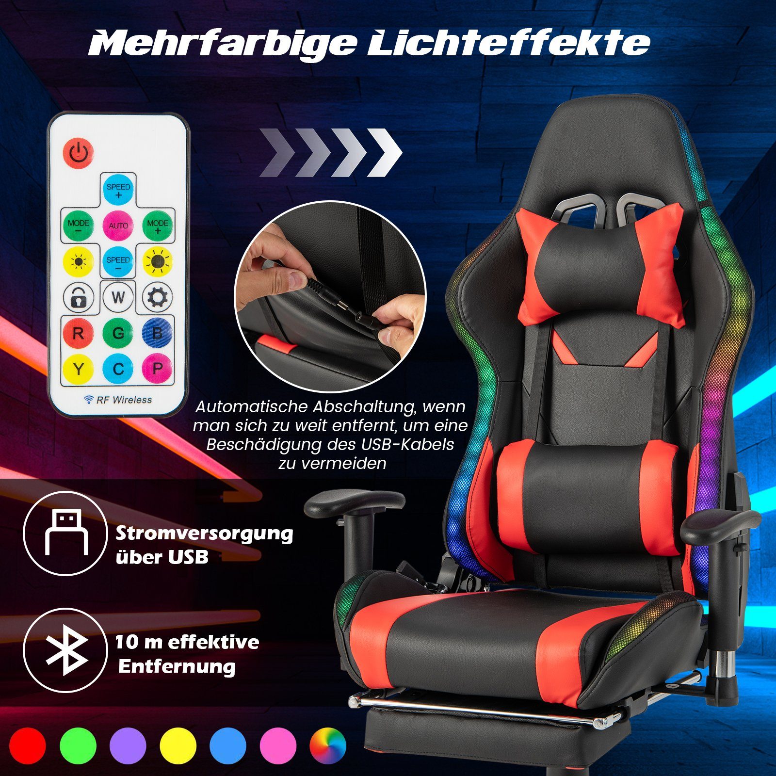 schwarz, Gaming-Stuhl, RGB-LEDs, mit 160kg bis COSTWAY rot Fußstütze, einziehbarer