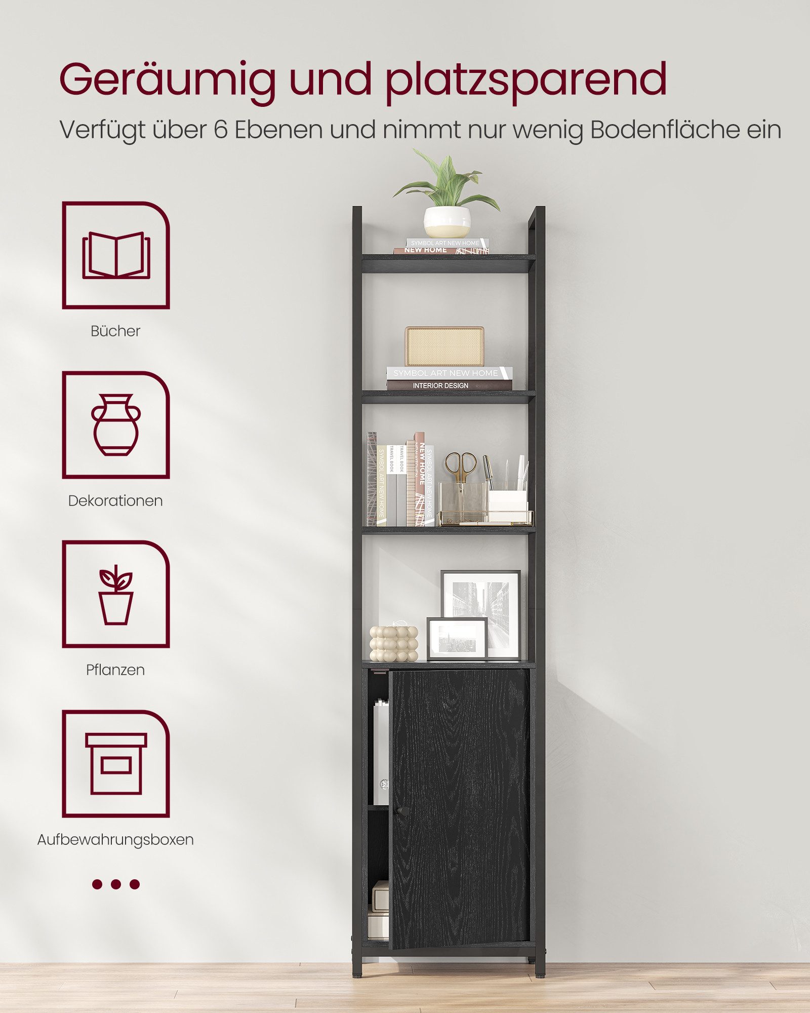 VASAGLE Bücherregal, 6 Ebenen, Regal, Standregal mit Türen