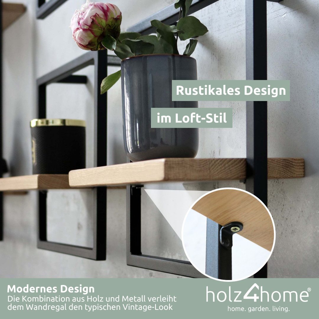 holz4home® Wandregal Eiche Hellgrau mit Metallrahmen Schwarz I Ohne Baumkante, Industrial Schweberegal