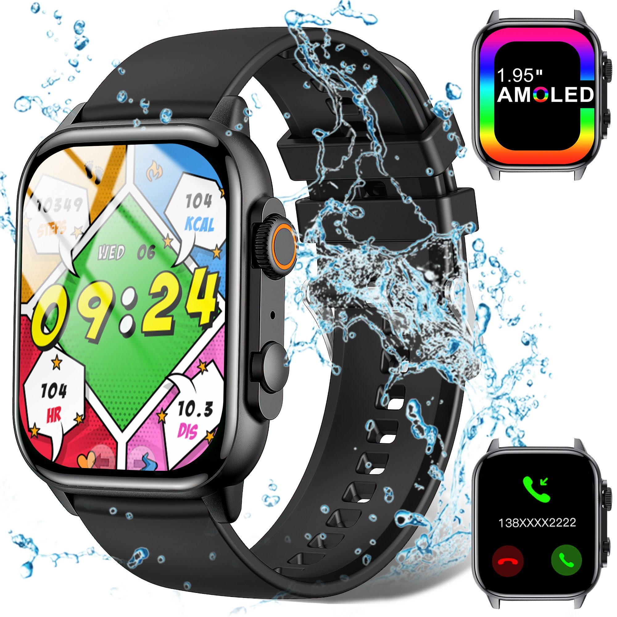 Vbrisi Smartwatch Damen Herren Smartwatch, Fitness Tracker Uhr mit Anrufe Smartwatch (Fitnessuhr mit Telefonfunktion, IP68 Wasserdicht,1.95