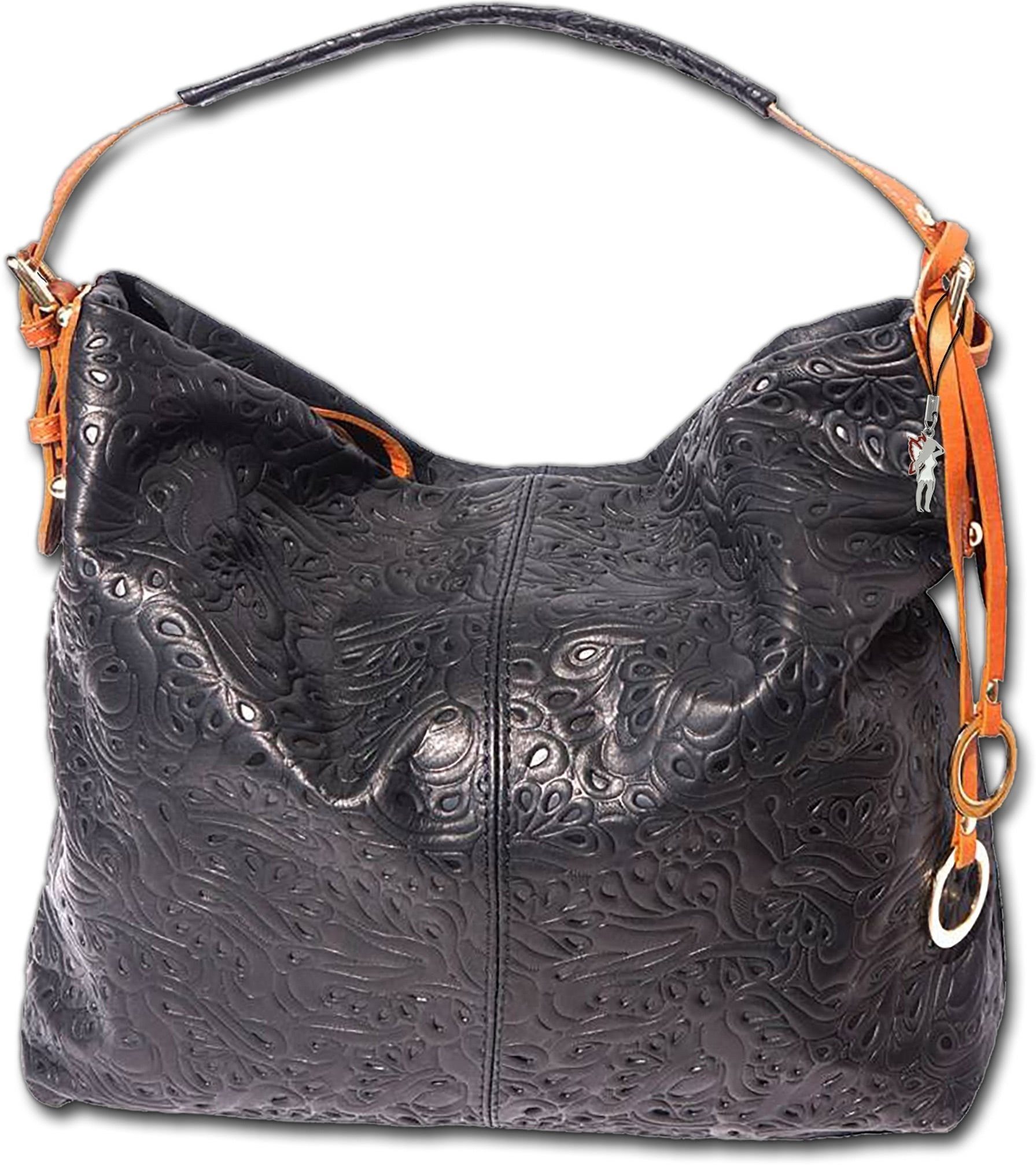 FLORENCE Shopper Florence Echtleder Damentasche schwarz (Schultertasche, Shopper), Damen Tasche Echtleder schwarz-braun, Blumenmuster, Made-In Italy