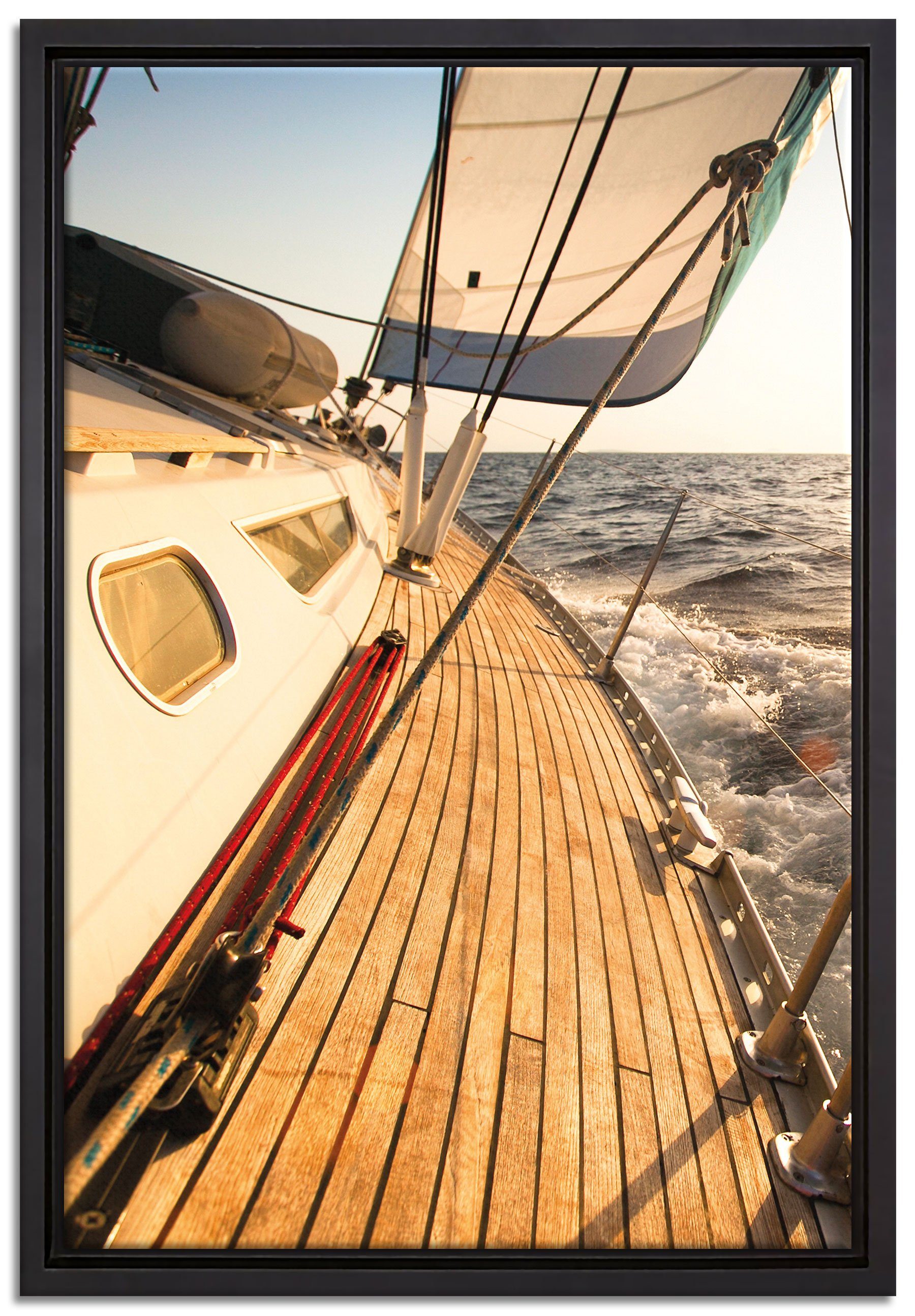 Pixxprint Leinwandbild Segelboot im Meer, Wanddekoration (1 St), Leinwandbild fertig bespannt, in einem Schattenfugen-Bilderrahmen gefasst, inkl. Zackenaufhänger