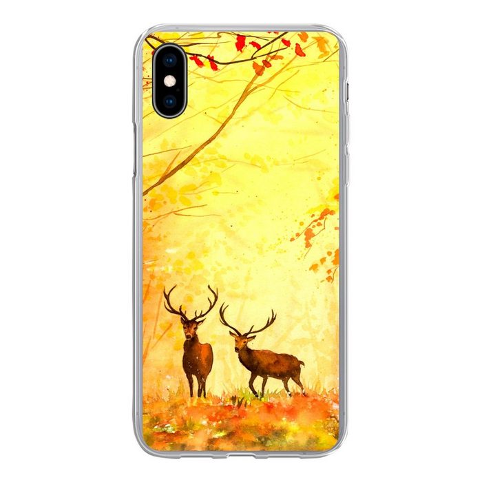 MuchoWow Handyhülle Natur - Ölfarbe - Hirsche - Tiere - Herbst - Orange Handyhülle Apple iPhone Xs Smartphone-Bumper Print Handy