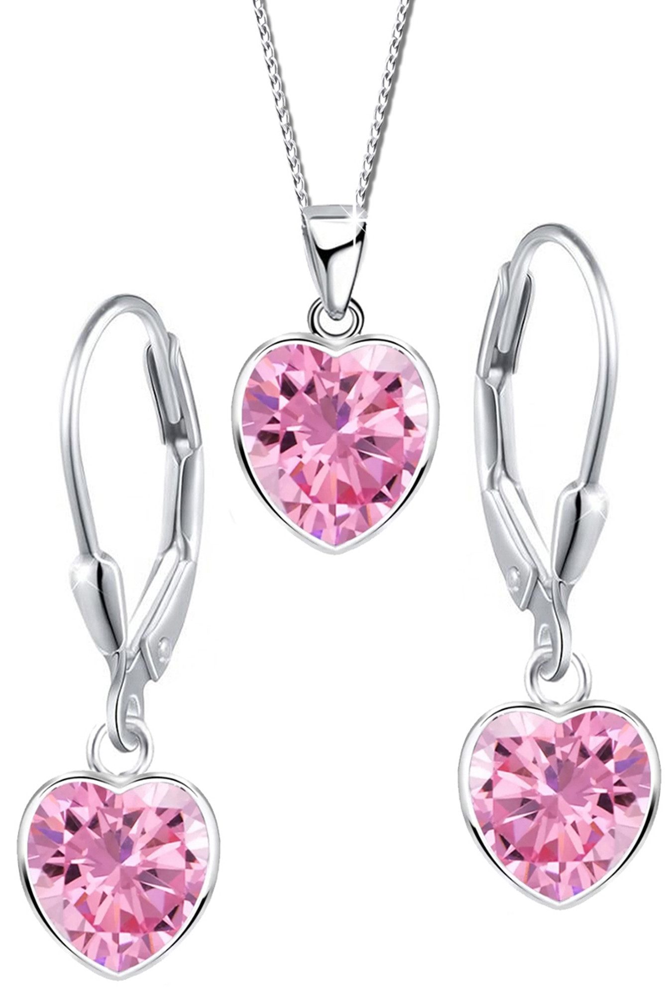 Limana Schmuckset Kinder Mädchen 925 Silber Kette mit Ohrringe Herz rosa, Geschenk Mädchen Ohrhänger Kinderschmuck Halskette Echtschmuck