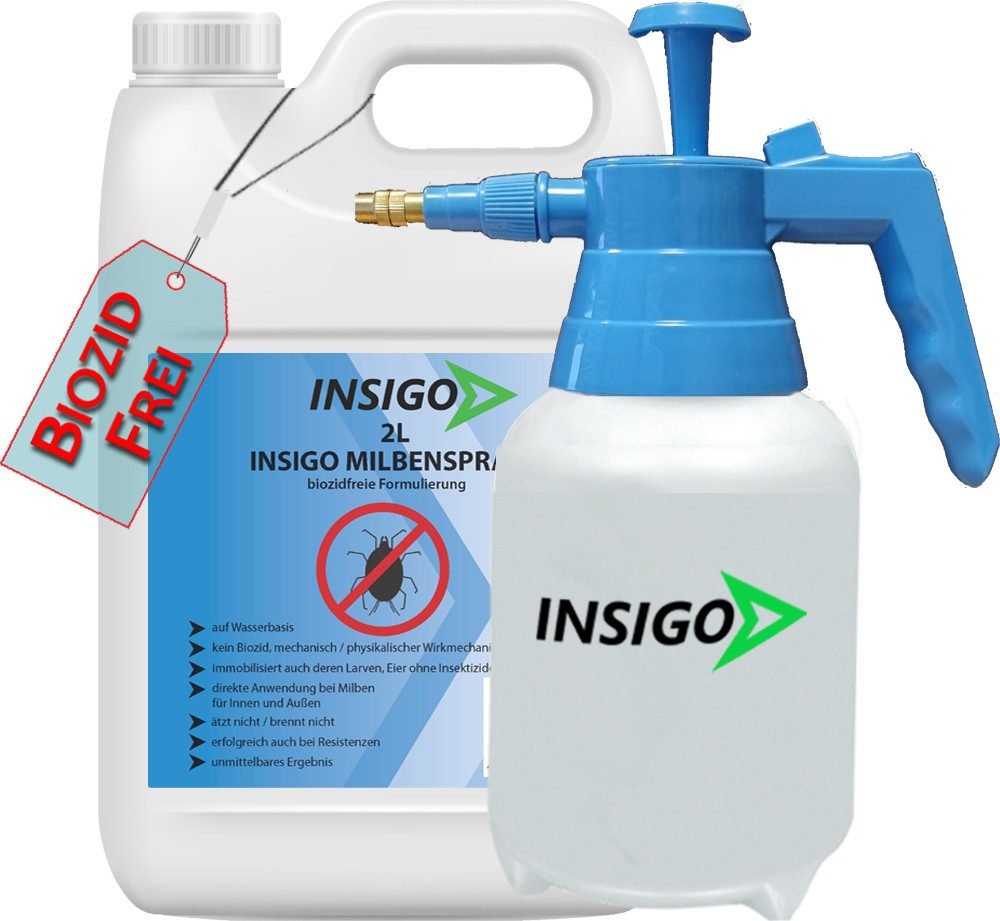 INSIGO Insektenspray Anti Milben-Spray Milben-Mittel Ungezieferspray, 2 l, biozidfreie Formel, auf Wasserbasis, geruchsarm, brennt / ätzt nicht