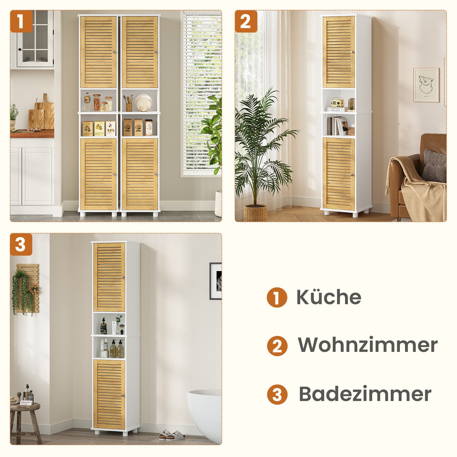 MSMASK Hochschrank Badezimmerschrank Standschrank mit 2 offenen Regalen und 2 Bambustüren 30 × 32 × 190 cm – Bild 5 von 5
