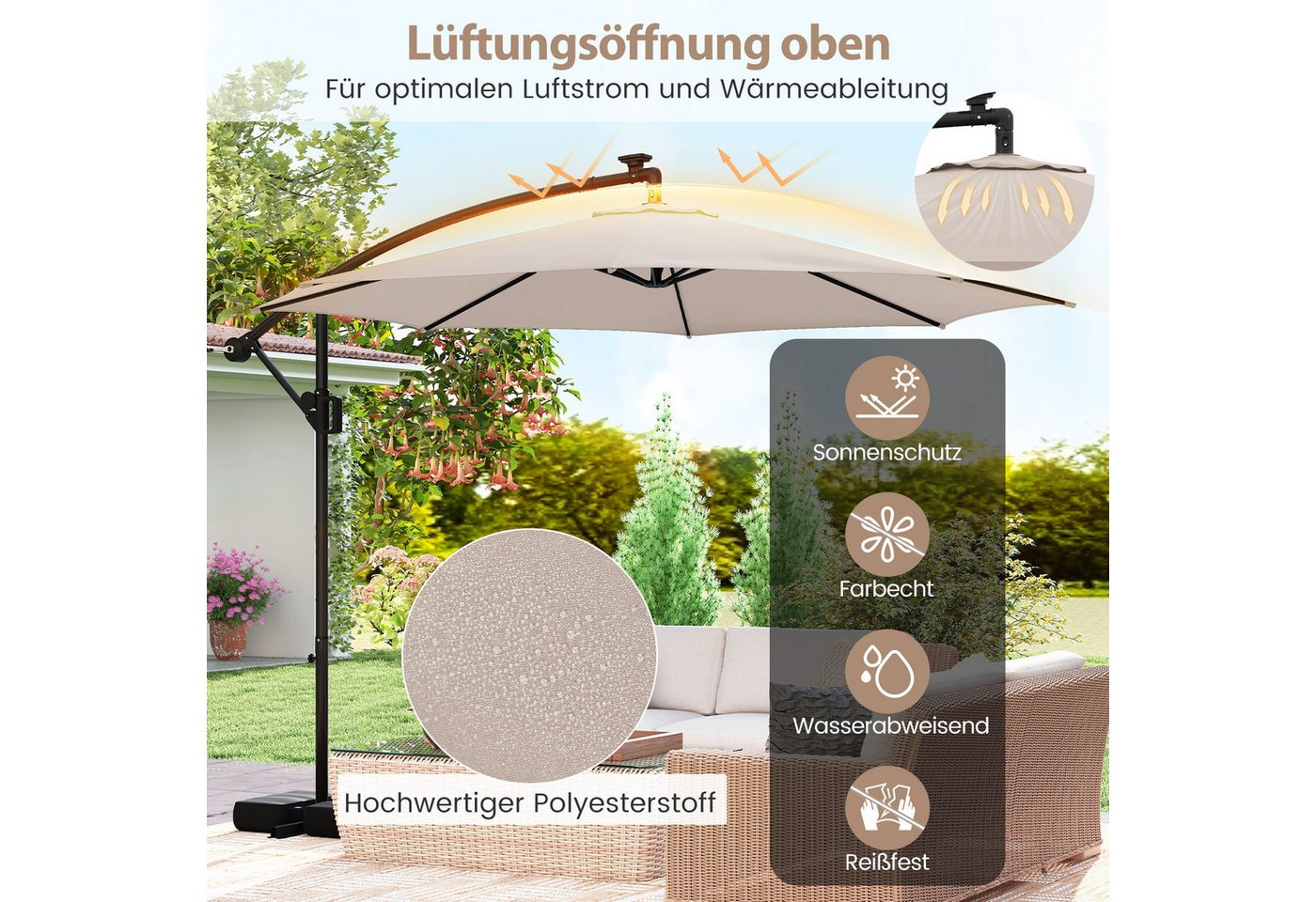 Thumbnail - COSTWAY Sonnenschirm, Solar Ampelschirm mit Basis, LED, Kurbel, neigbar