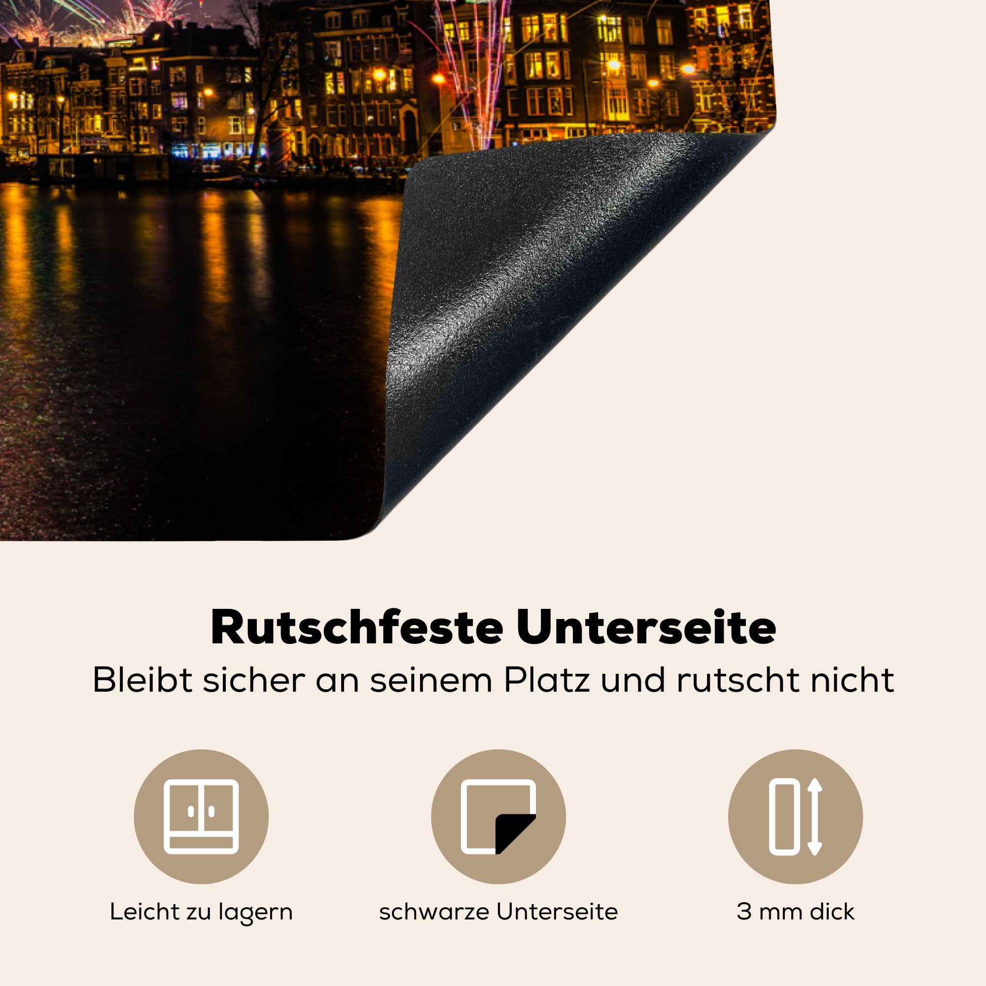 tlg), Arbeitsplatte Ceranfeldabdeckung, 83x51 - Vinyl, küche Amsterdam Herdblende-/Abdeckplatte Feuerwerk cm, Wasser, - MuchoWow (1 für