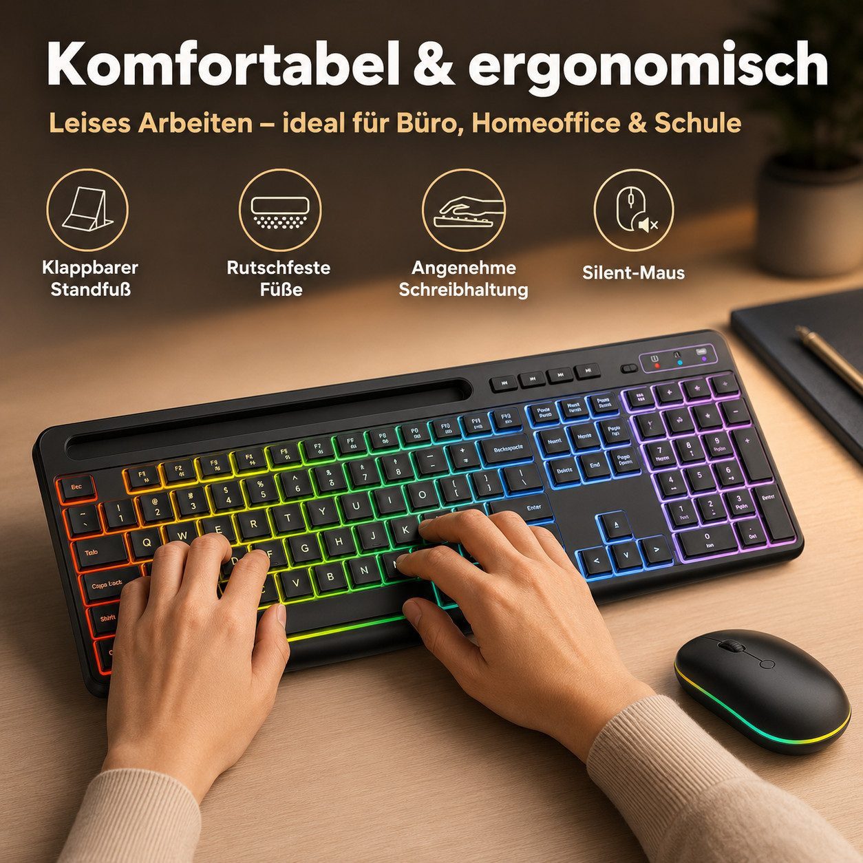 Goldstern-Tech Gaming-Tastatur (2,4-GHz Wireless Tastatur-Maus-Set mit RGB & USB-C)