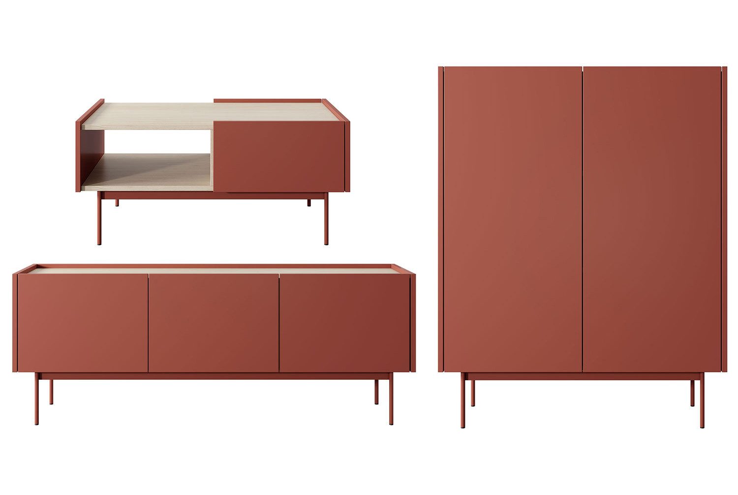 Feldmann-Wohnen Wohnwand Color, (Color, 3-St., Wohnzimmer-Set), 3-teilig, Keramikrot, Eiche Linea, grifflos
