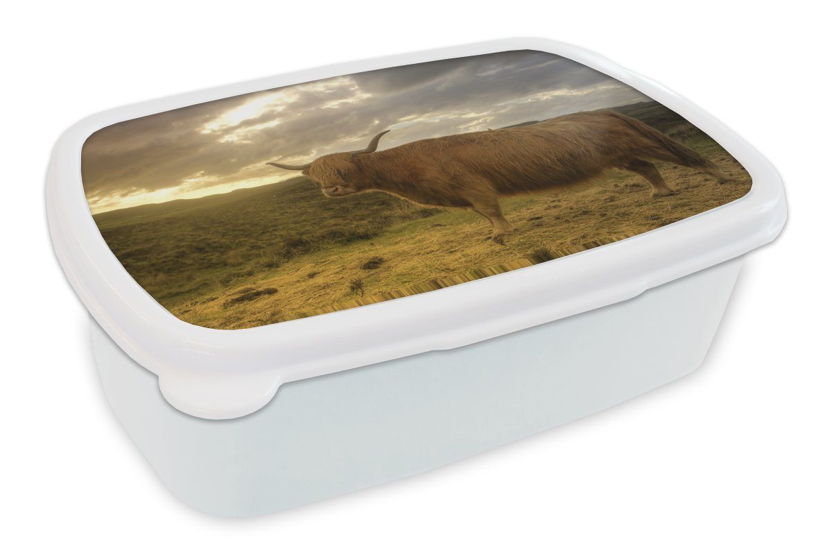 MuchoWow Lunchbox Schottische Highlander - Landschaft, Kunststoff, (2-tlg), Brotbox für Kinder und Erwachsene, Brotdose, für Jungs und Mädchen weiß