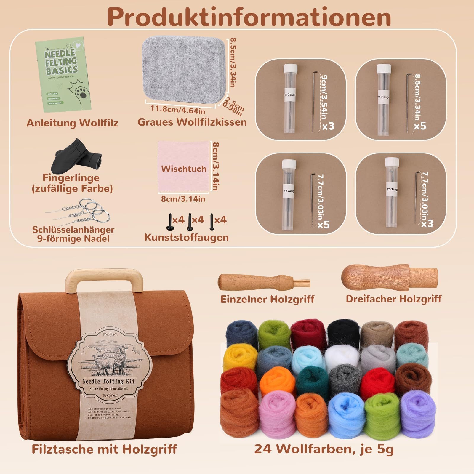CLTYQ Kreativset Nadelfilzset in 24 Farben, Nadelfilzzubehör Mit Aufbewahrungstasche, Bastelset für Mädchen,Nadelfilzunterlage Für DIY-Basteldekoration