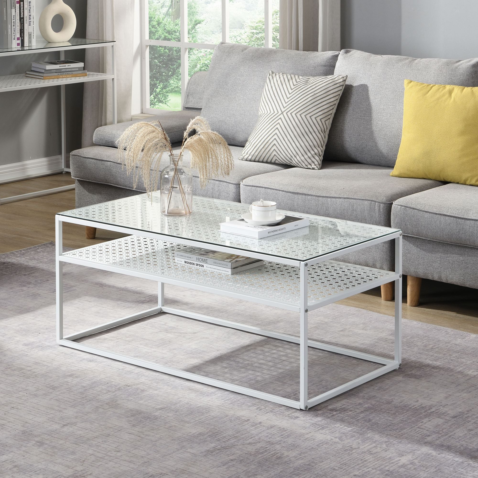 Wohnling Couchtisch WL7.328 Glas Rechteckig 100 cm Weiß Metall Wohnzimmertisch Ablage (Sofatisch Glas Rechteckig 100 cm Weiß Ablage), Wohnzimmertisch Industrial, Metallgestell Modern