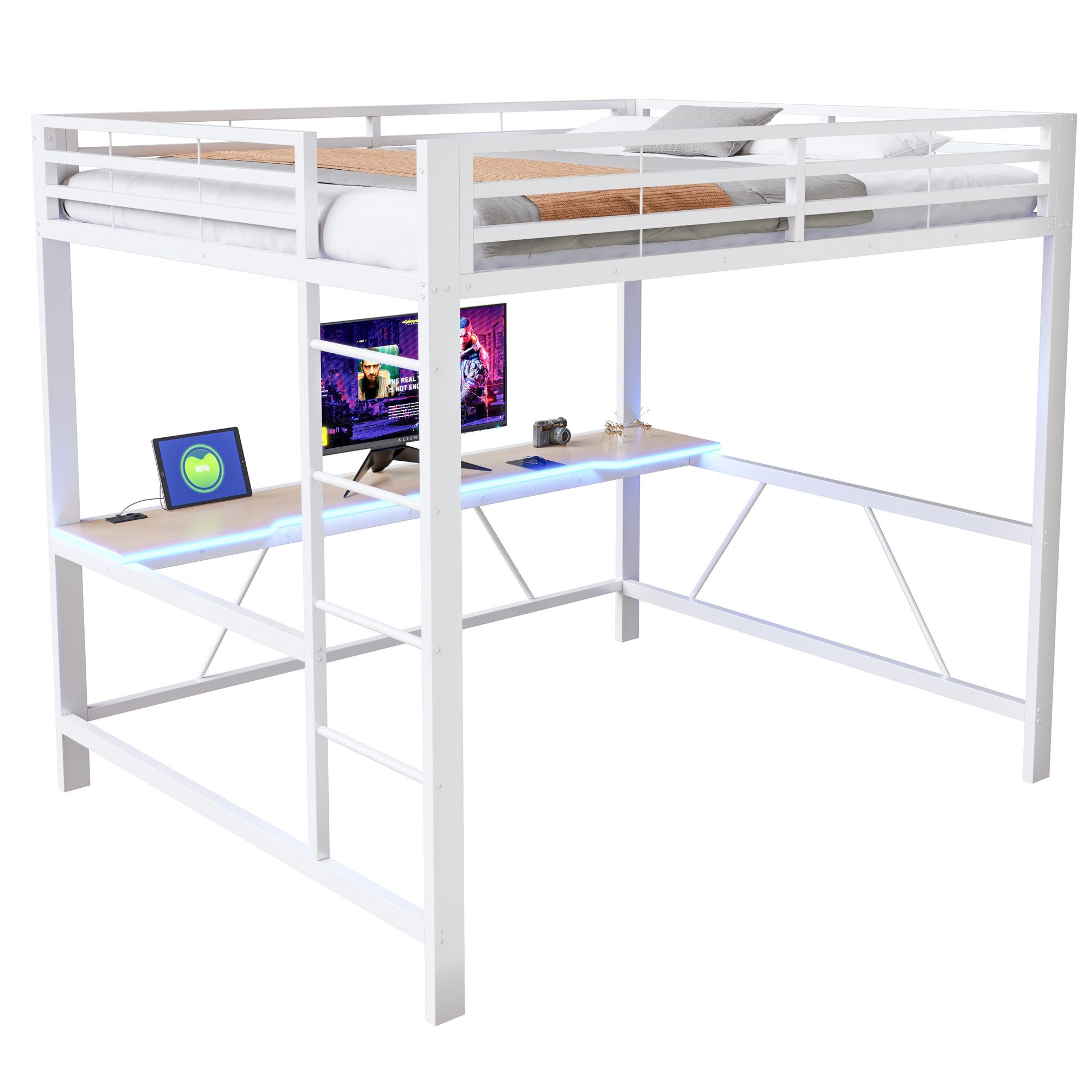 SOFTWEARY Hochbett mit RGB LED-Streifen und Schreibtisch (160x200 cm, mit Trittleiter, Lattenrost, Steckdose, USB und Type-C) Kinderbett mit Rausfallschutz, Metallbett