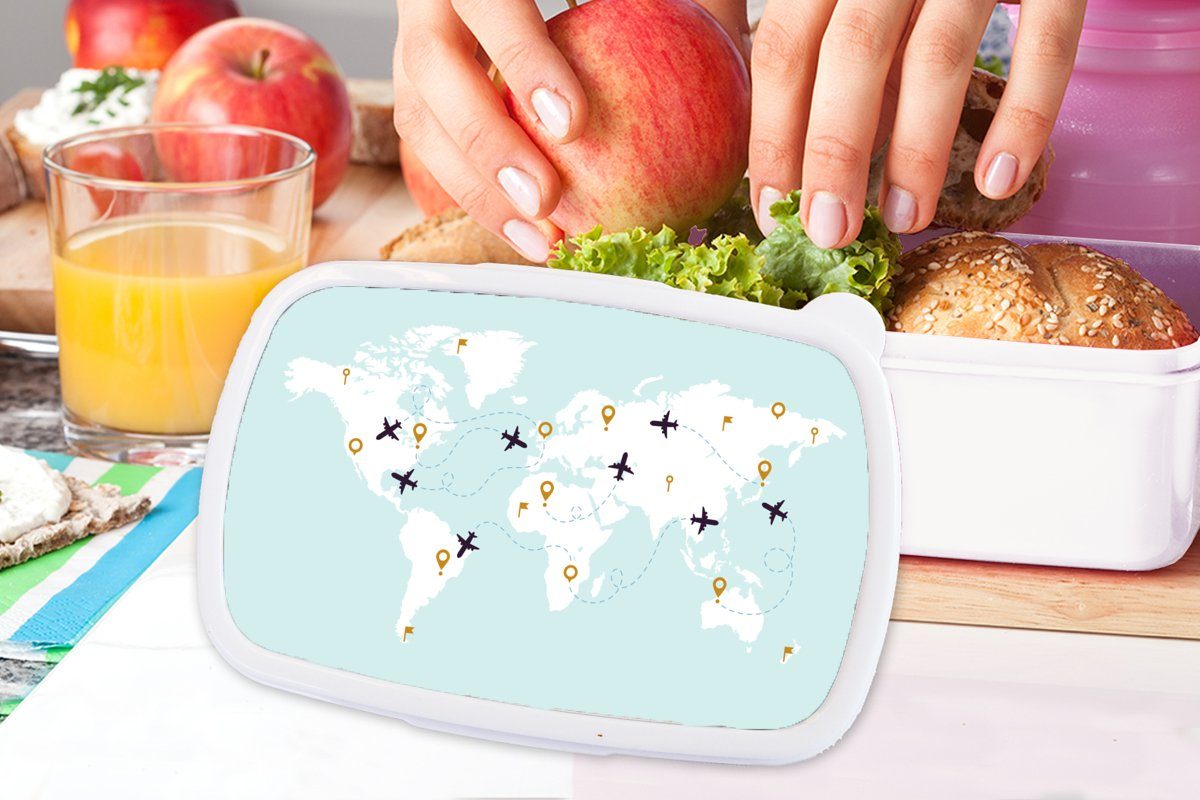 Lunchbox - Kunststoff, Kinder Mädchen Erwachsene, Jungs Weltkarte (2-tlg), Einfach, weiß - Brotbox Brotdose, MuchoWow Flugzeug für für und und