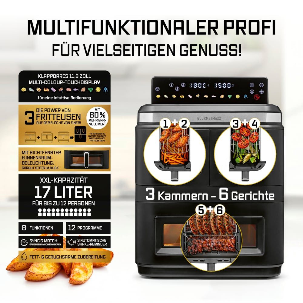 GOURMETmaxx Heißluftfritteuse GOURMETmaxx Heißluft-Fritteuse 3000W schwarz/ Edelst. 17l 3 Kammern inkl. Grillrost & Sichtfenst, 3000 W, Heissluftfritteuse XXL, Air Fryer Frittesue ohne Öl, Heißluftfriteuse