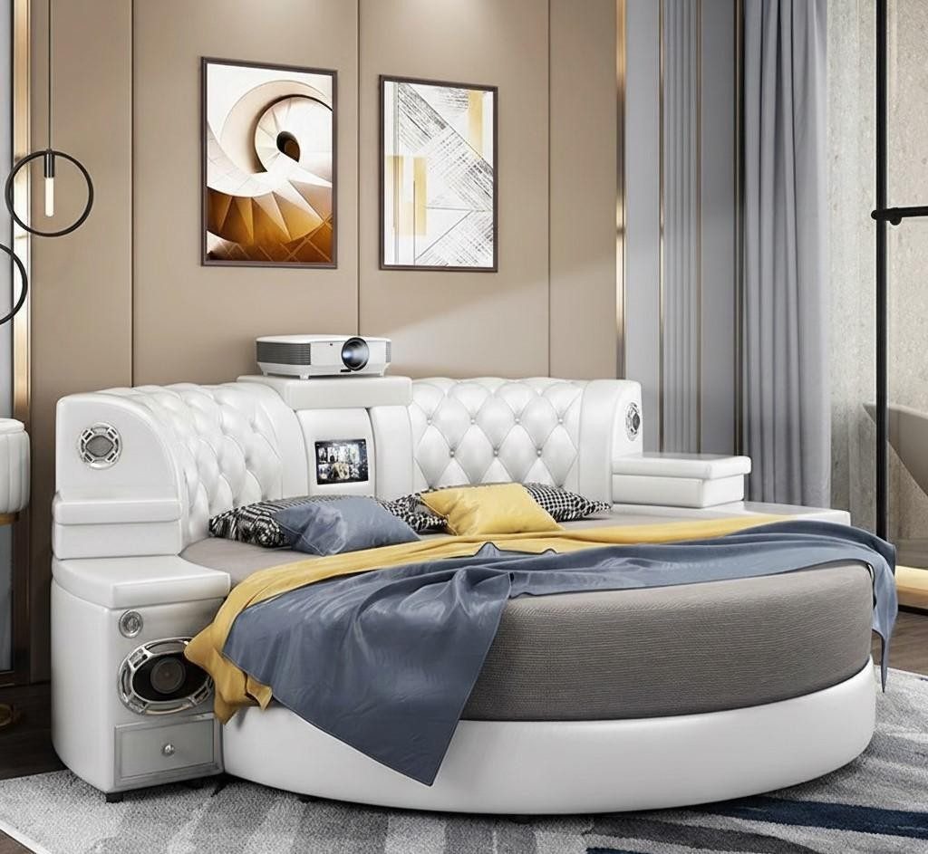 JVmoebel Rundbett Weißes Chesterfield Multifunktionsbett Designer Schlafzimmer Betten (2-tlg)
