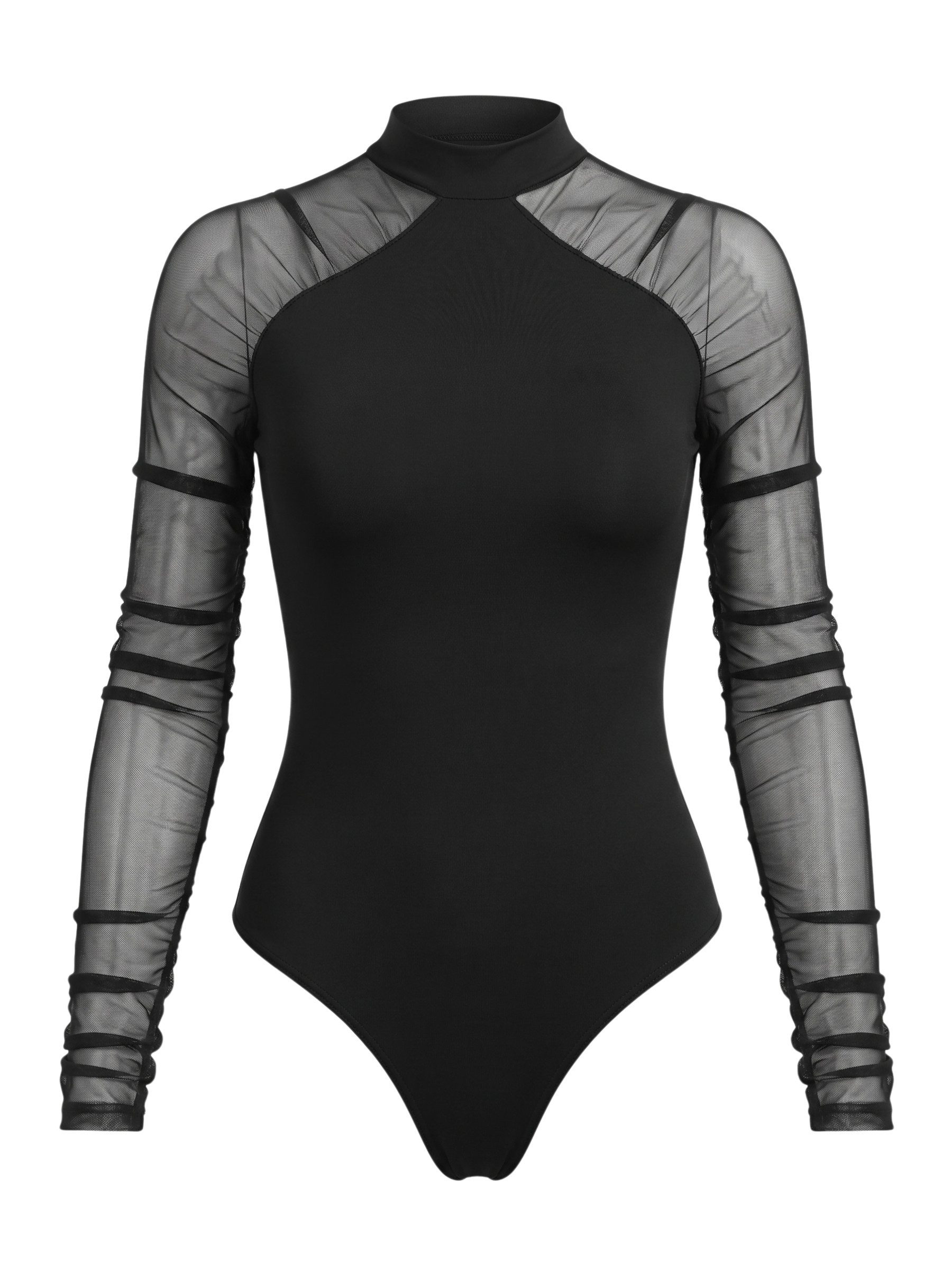 Elegant Love Langarmbody Damen-Body schwarz, Langarm-Bodysuit mit Mesh-Ärmeln und Stehkragen Shirtbody für Frauen, Mesh Body