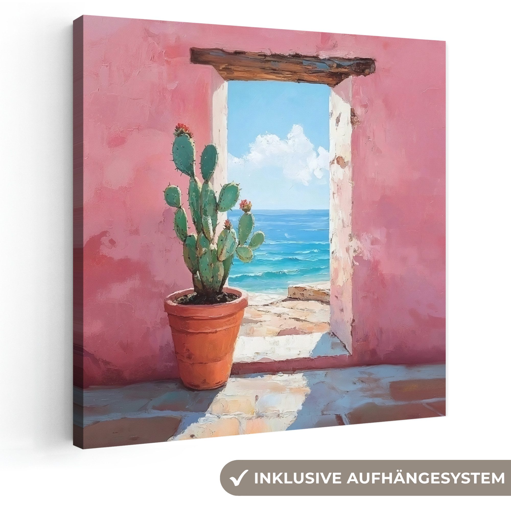 OneMillionCanvasses® Leinwandbild Meer - Rosa - Kaktus, Fotodruck (1 St), Wandbild, Deko Schlafzimmer Wohnzimmer Flur 20x20 cm
