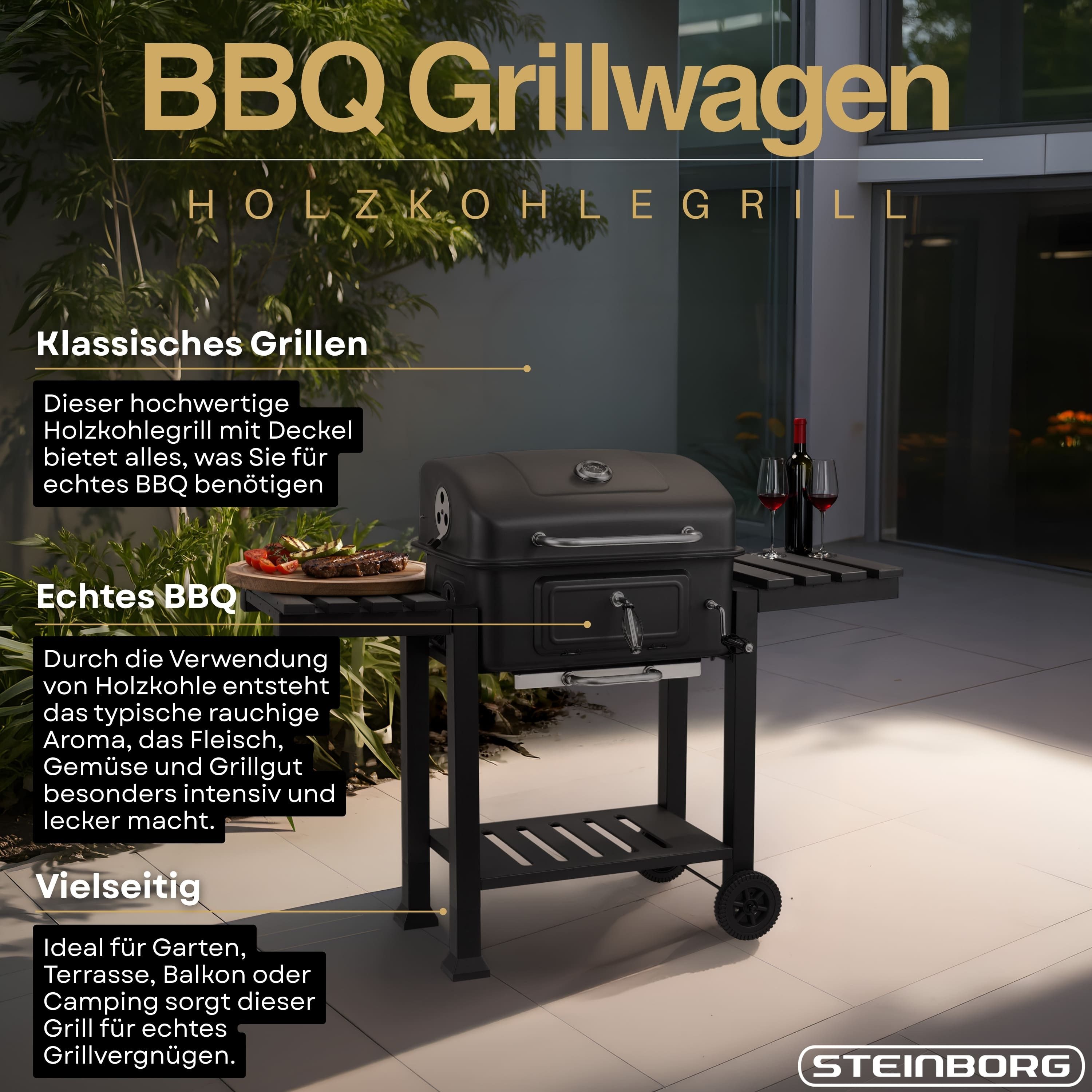 STEINBORG Holzkohlegrill SB-8220, Optimale Arbeitshöhe, Ascheschublade verstellbar