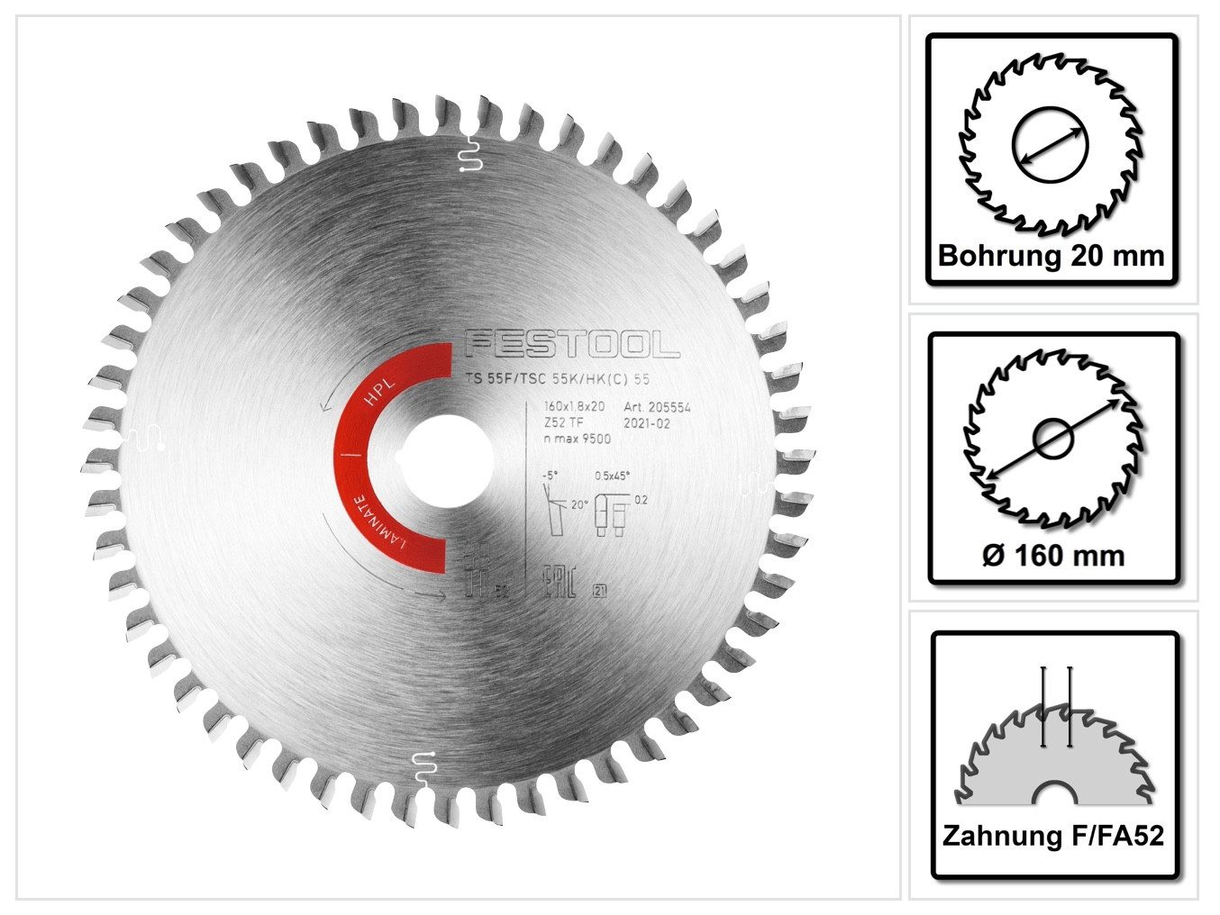 FESTOOL Kreissägeblatt Kreissägeblatt Laminate/HPL HW 160 x 1,8 x 20 TF52 (205554) für Tau
